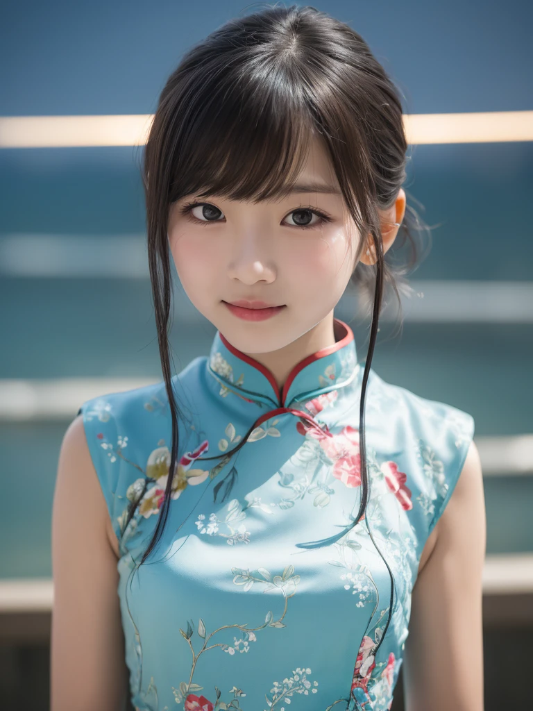 table top, highest quality, 8K, 10years old student girl, Ten generations, RAW photo, absurd, award-winning portraits, smile, alone, (night:1.8), idol face, violaces, delicate girl, Upper body, Digital single-lens reflex camera, looking at the viewer, Frank, Sophisticated,thin arms, professional lighting, film grain, chromatic aberration, (Eye and face details:1.0), (Bokeh:1.1) , (qipao dress:1.2) , close your mouth