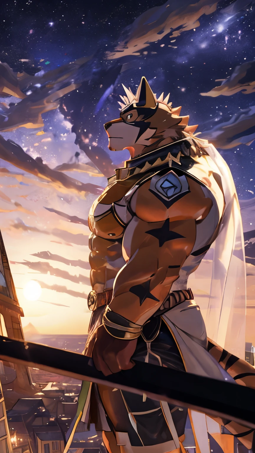 Anthropomorphic, (Solo), Ryekie, Single, Male, Muscle, Lonely, 45 years old, in King clothes, airplanes ship, Perfect scaling, Masterpiece, High Definition, Best Drawing, by Nullghostart, many People celebrate the star holiday, in the tower alone watching from above, Embrace the Sky, Stargazing, Beautiful atmosphere, Lighting, on the space, Reaching the stars