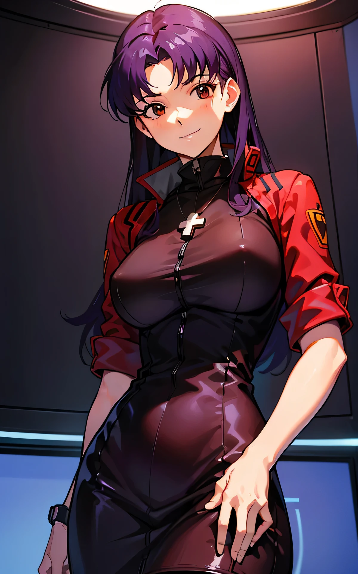realisticlying,extremely detailed CG、high resolution、absurderes:1.8、detailed background:1.3、beautiful detailed hair、、、、1woman, attire: Black Bodycon、jacker, Red jacket,、middlebreast、 short black tight dress, (((brown-eyed、Operation control room))), Purple hair, long Hair, cross necklace, slim waist、((Misato katsuragi))、NERV, Perfectly detailed face、(light smile, upperbody、from below)