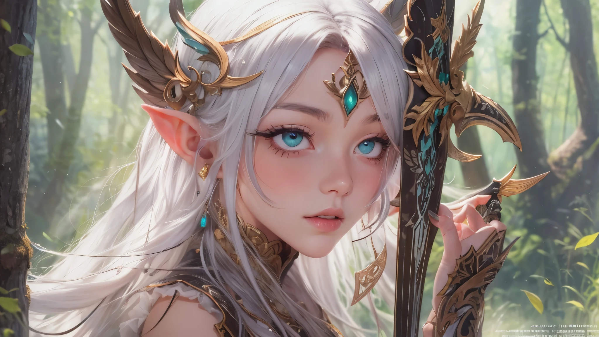 (masterpiece), 8k, best quality, panoramic view, full body, Elf, young, 17 years old, With slightly flushed white skin, subtly contrasting with her long, silvery hair that cascaded over her shoulders that seemed to shine beneath the sunlight. Her body was slender and athletic, with a height of 168cm that gave her a natural elegance. Her green eyes add a captivating touch to her face and shine with an intensity, reflecting the depth of her soul, pointed ear, detailed warrior outfit, war bow with rune writing, magical, fighting,