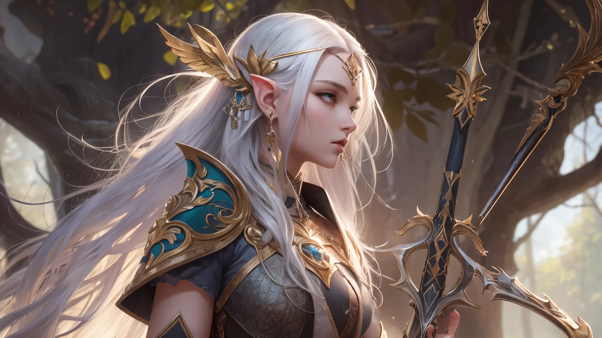 (masterpiece), 8k, best quality, panoramic view, full body, Elf, young, , With slightly flushed white skin, subtly contrasting with her long, silvery hair that cascaded over her shoulders that seemed to shine beneath the sunlight. Her body was slender and athletic, with a height of 168cm that gave her a natural elegance. Her green eyes add a captivating touch to her face and shine with an intensity, reflecting the depth of her soul, pointed ear, detailed warrior outfit, war bow with rune writing, magical, fighting,