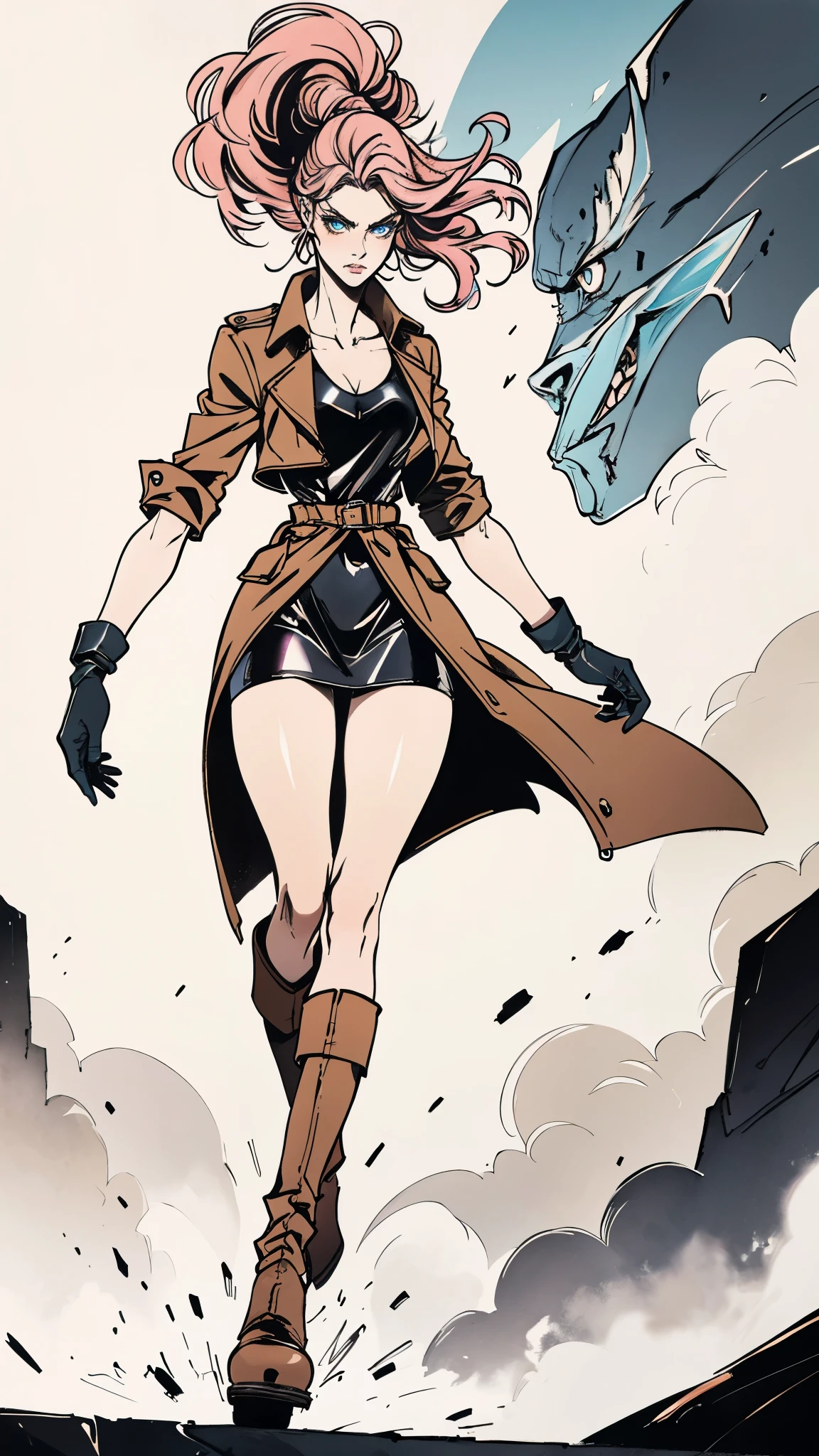 (A beautiful young girl with long curly pink hair, slender eyebrows, sparkling eyes, a bewildered expression, an oval-shapedl face with pale skin, a knee-length form-fitting leather trench coat with very short sleeves, she adorns both hands with metallic wrist guards in a sci-fi ancient civilization style, her long legs are clad in leather boots as she soars through the misty clouds), this character embodies a finely crafted fantasy-realism style western ranger in anime style, exquisite and mature manga art style, porcelain skin, perfect skin, perfect eyes, (Alexandra Daddario:1.2), high definition, best quality, highres, ultra-detailed, ultra-fine painting, extremely delicate, professional, anatomically correct, symmetrical face, extremely detailed eyes and face, high quality eyes, creativity, RAW photo, UHD, 32k, Natural light, cinematic lighting, masterpiece-anatomy-perfect, masterpiece:1.5