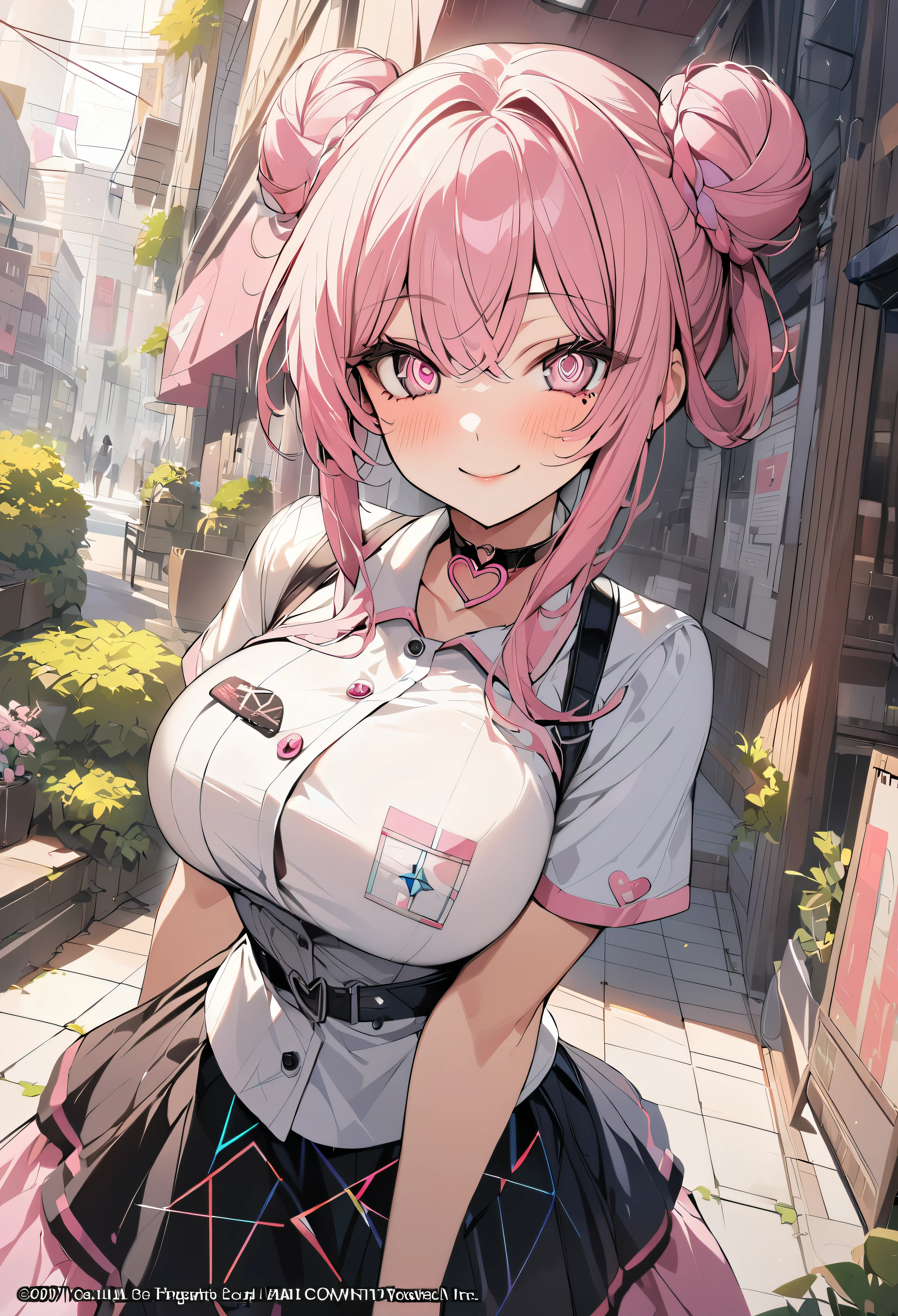 1 girl, pink long bun hair, heart shaped eyes, ♡, big breasts, Stewardess clothes, {girl with pink long bun hair named Nami}, (Pink eye color), {downtown}, (smile), bright background , mole under eye, heart shaped choker, (masterpiece, highest quality), very detailed, highest quality, official art, beautiful and aesthetic: 1.2), (1 girl), very detailed, (geometry art: 1.3), colorful, most detailed ?d1 girl, pink long bun hair, Eye of the symbol, +__+, big breasts, gothic costume, {A girl with long pink bun hair named Nami}, (Pink eye color), {downtown}, (smile), bright background, (garden,beautiful flower々),mole under eye, heart shaped choker, (masterpiece, highest quality), official art, beautiful and aesthetic: 1.2), (1 girl), very detailed, (geometry art: 1.3), colorful
