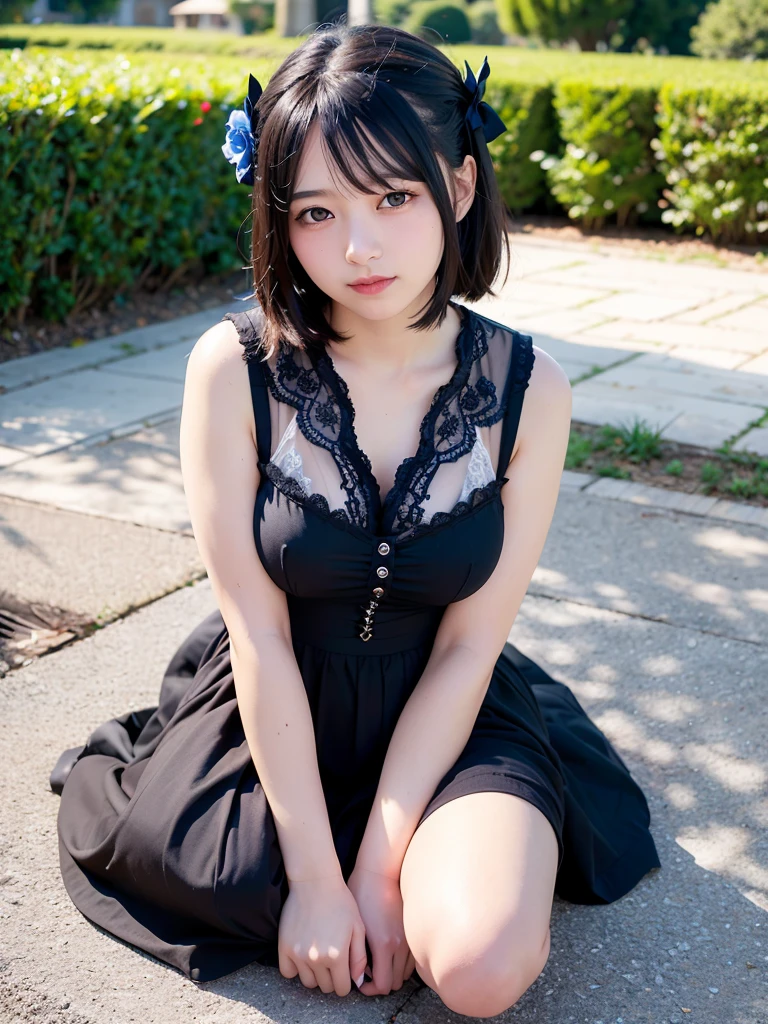 (realistic, photo realistic:1.37), incredibly absurdres, (insanely detailed:1.3), 8k, (masterpiece), (best quality:1.4), (ultra high res:1.2), (unity 8k wallpaper), 1 nogizaka girl, utterly cute, (bishojo:1.35), (15yo:1.4), ((alice and the pirates fashion)), detailed beautiful dress, hair accessory with blue rose, exquisitely detailed beautiful face and eyes and skin, detailed black shine hair, full body, perfect anatomy, smile at the camera, professional lighting, petit trianon garden and farmhouse, view a village and lake, ultra detailed background