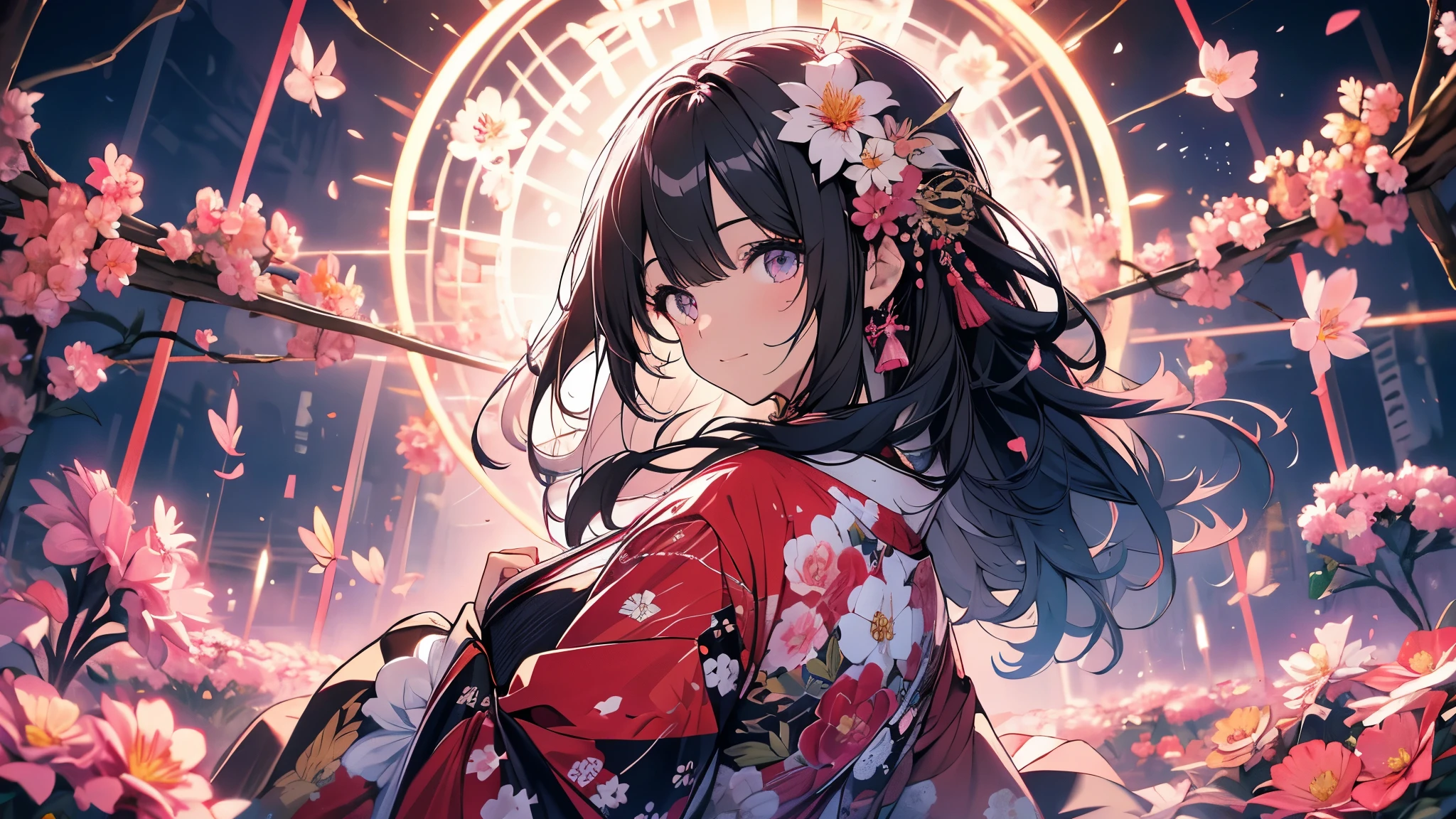 8k resolution, ((of the highest quality)), ((obra maestra)), ((super detailed)), (Muy delicado y hermoso), con a girl, solo, gentle expression, Ella es muy(relajarse)con(calma)apariencia, cabello rosado, Depth of written limits., sonrisa brillante, Young Expression, Bright peach eyes, beautiful cabello rosado, hermoso fondo, pelo largo, arte lineal, kimono rosa, Japan, Japan風, Eyes that shine like Flores de cerezo, Ojo superior, ojos maravillosos, Flores de cerezo, Flores de cerezo tree, Flores de cerezo flowers are dancing, parte superior del cuerpo