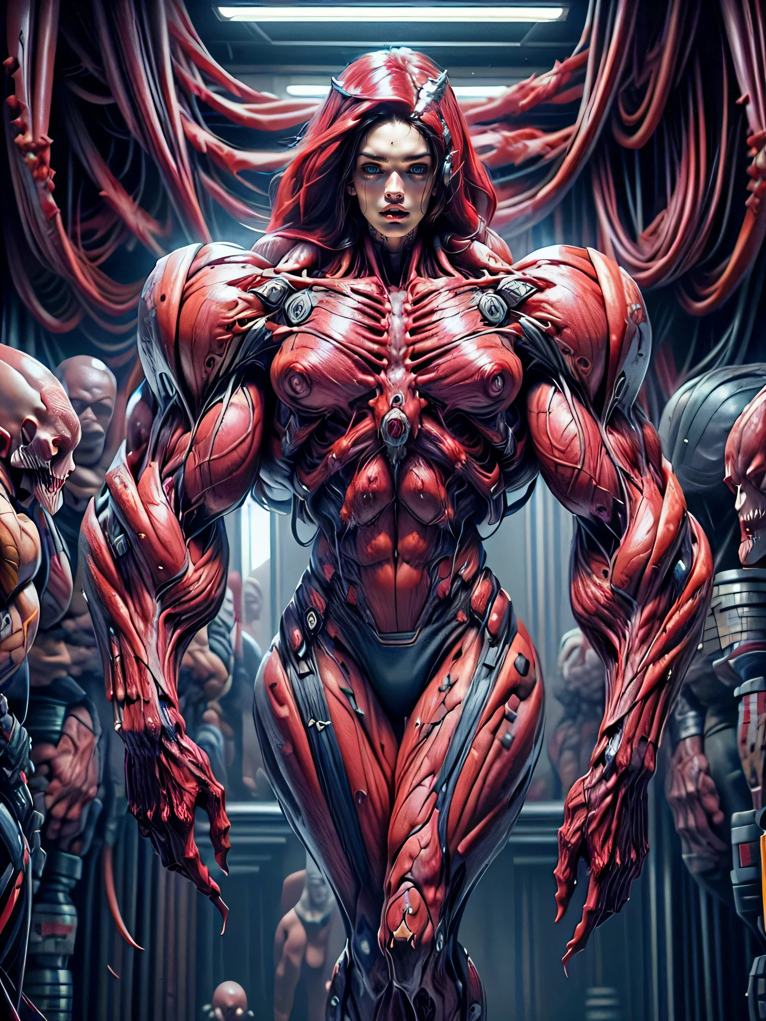 (1 girl), (megan fox:1.25), (long red hair), (carnage skinless physique:1.25), (1 super muscular undead skinless succubus with gigantic horns:1.25), (covered in red necrotic rotting skinless muscle:1.25), (exposed muscles & veins everywhere:1.25), (perfect fingers:1.25),(8k, RAW photo, photorealistic:1.25), dark horrific scary atmosphere, hellish landscape, Hellraiser like atmosphere,