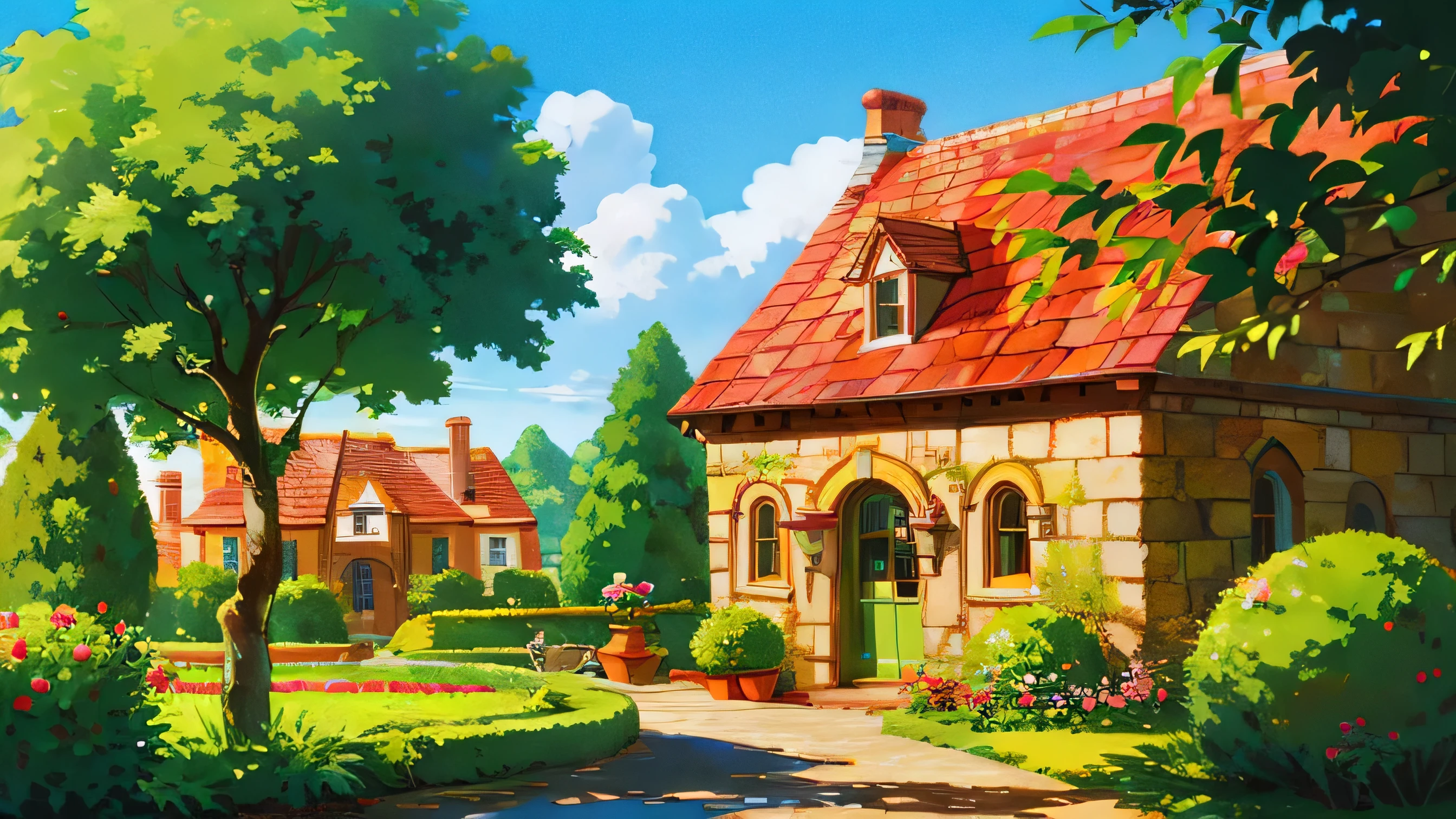 (((High quality))), detailed lighthouse,Highly detailed cliff under a small apple tree,High accuracy,silly,High saturation,clear,البناء العقnoني,Cartoon style,Brick wall,building,Shrubland,day,door, wall,area,rose, rose_area, garden, road, pink rose, herb, nature, house, no_Humans, plant, potted plant