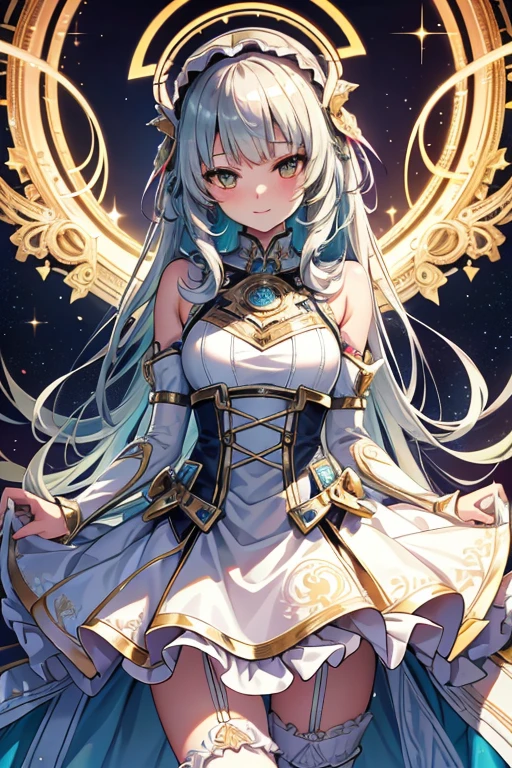 Cyborg, Girl, Beautiful girl, Cute, Sexy, Strong, Slender, Delicate, Smile, (ta costume), High legs, Metallic, ultra color, paisley, Headgear, mandalas, Near future, Heaven, angel, feater, wing, Helix lamp
