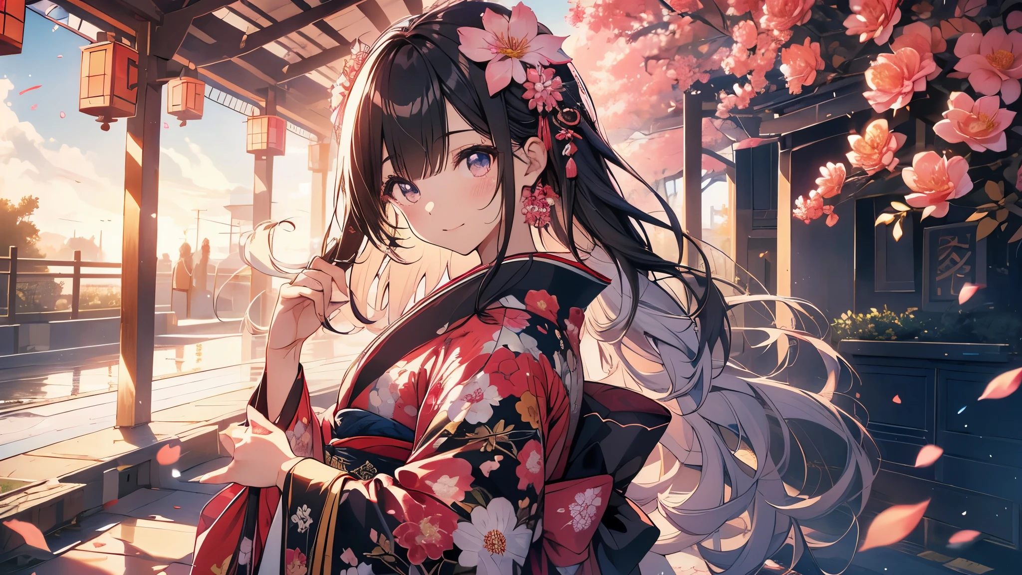 8k resolution, ((of the highest quality)), ((obra maestra)), ((super detailed)), (Muy delicado y hermoso), con a girl, solo, gentle expression, Ella es muy(relajarse)con(calma)apariencia, cabello rosado, Depth of written limits., sonrisa brillante, Young Expression, Bright peach eyes, beautiful cabello rosado, hermoso fondo, pelo largo, arte lineal, kimono rosa, Japan, Japan風, Eyes that shine like Flores de cerezo, Ojo superior, ojos maravillosos, Flores de cerezo, Flores de cerezo tree, Flores de cerezo flowers are dancing, parte superior del cuerpo
