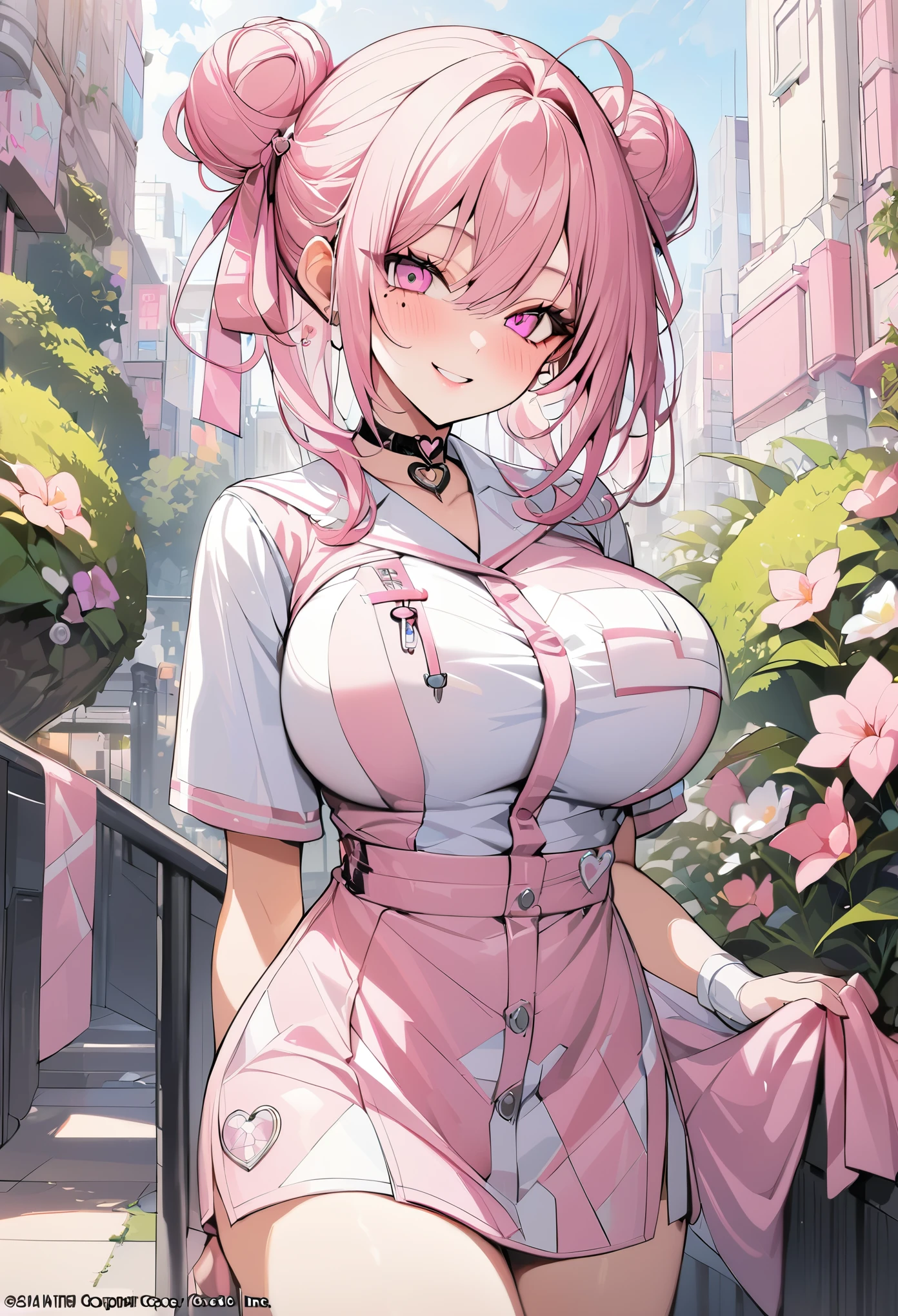 1 girl, pink long bun hair, heart shaped eyes, ♡, big breasts, nurse uniform, {girl with pink long bun hair named Nami}, (Pink eye color), {downtown}, (smile), bright background , mole under eye, heart shaped choker, (masterpiece, highest quality), very detailed, highest quality, official art, beautiful and aesthetic: 1.2), (1 girl), very detailed, (geometry art: 1.3), colorful, most detailed ?d1 girl, pink long bun hair, Eye of the symbol, +__+, big breasts, gothic costume, {A girl with long pink bun hair named Nami}, (Pink eye color), {downtown}, (smile), bright background, (garden,beautiful flower々),mole under eye, heart shaped choker, (masterpiece, highest quality), official art, beautiful and aesthetic: 1.2), (1 girl), very detailed, (geometry art: 1.3), colorful