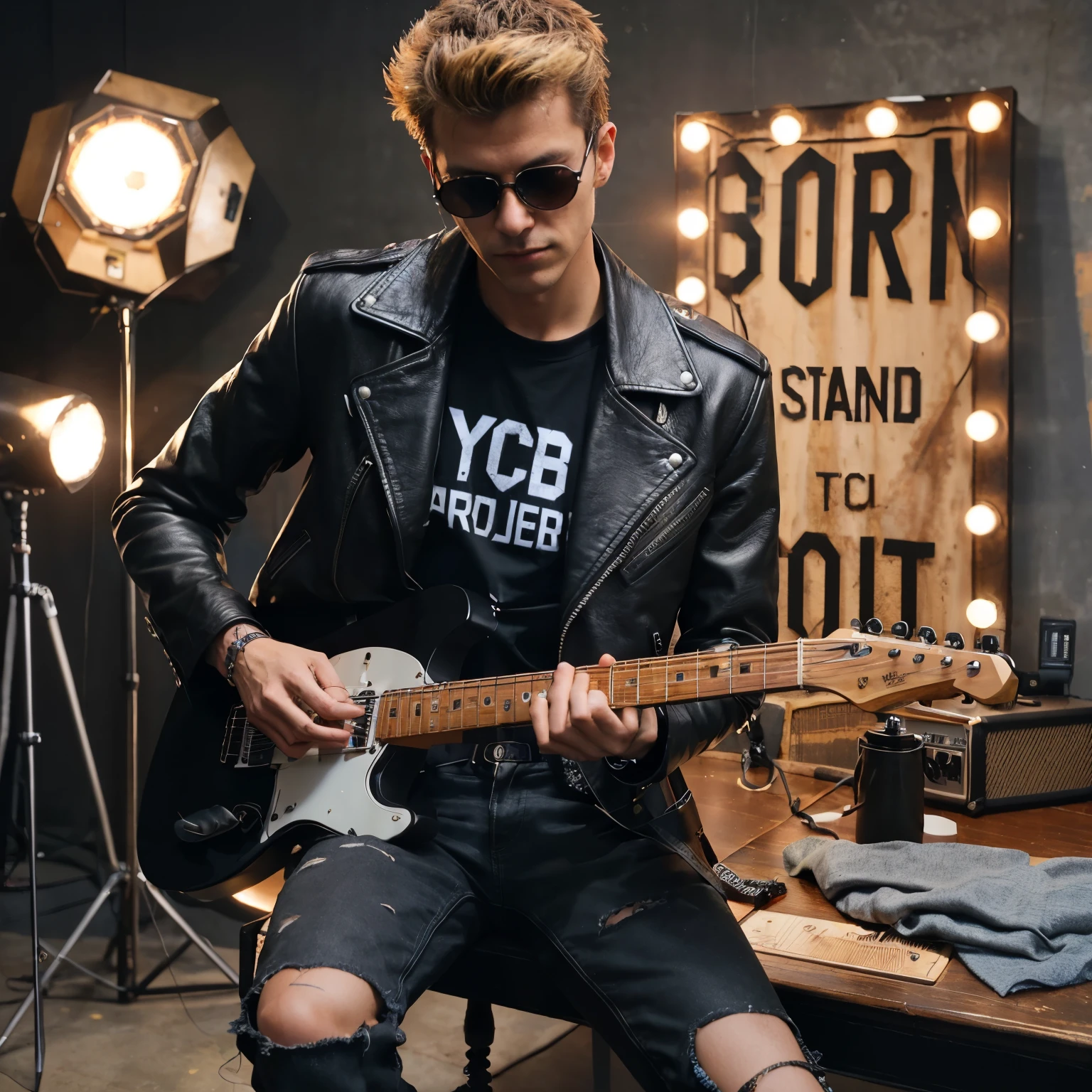 arafed man in a black leather jacket playing a guitar, with a cool pose, foreground background, rocking out, stylish pose, confident pose, cool pose, guitarist, album art, photoshoot, grunge style, holding electric guitar, punk-rocker, inspired by Václav Brožík, model posing, holding electric guitars, holding a electric guitar