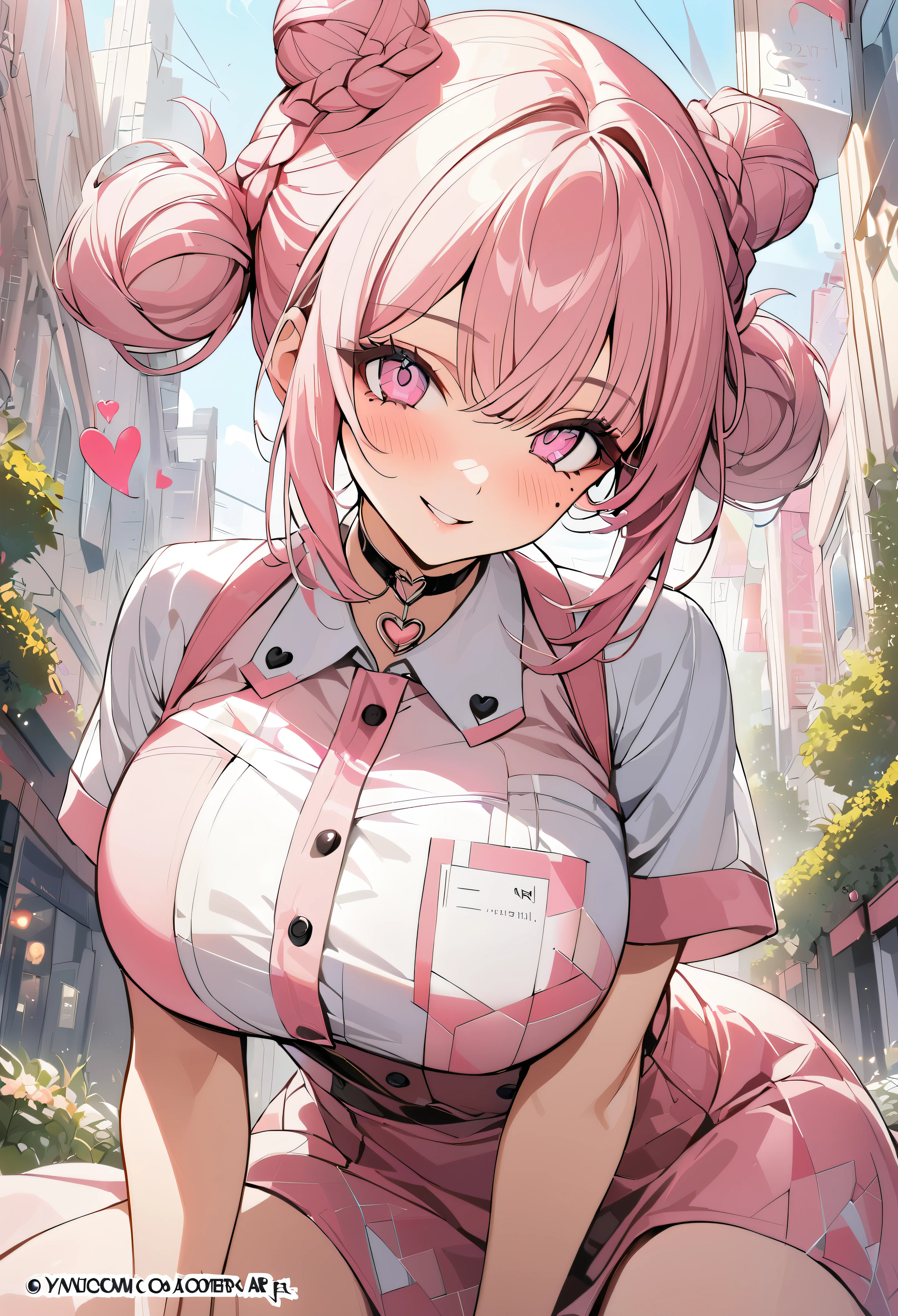 1 girl, pink long bun hair, heart shaped eyes, ♡, big breasts, nurse uniform, {girl with pink long bun hair named Nami}, (Pink eye color), {downtown}, (smile), bright background , mole under eye, heart shaped choker, (masterpiece, highest quality), very detailed, highest quality, official art, beautiful and aesthetic: 1.2), (1 girl), very detailed, (geometry art: 1.3), colorful, most detailed ?d1 girl, pink long bun hair, Eye of the symbol, +__+, big breasts, gothic costume, {A girl with long pink bun hair named Nami}, (Pink eye color), {downtown}, (smile), bright background, (garden,beautiful flower々),mole under eye, heart shaped choker, (masterpiece, highest quality), official art, beautiful and aesthetic: 1.2), (1 girl), very detailed, (geometry art: 1.3), colorful