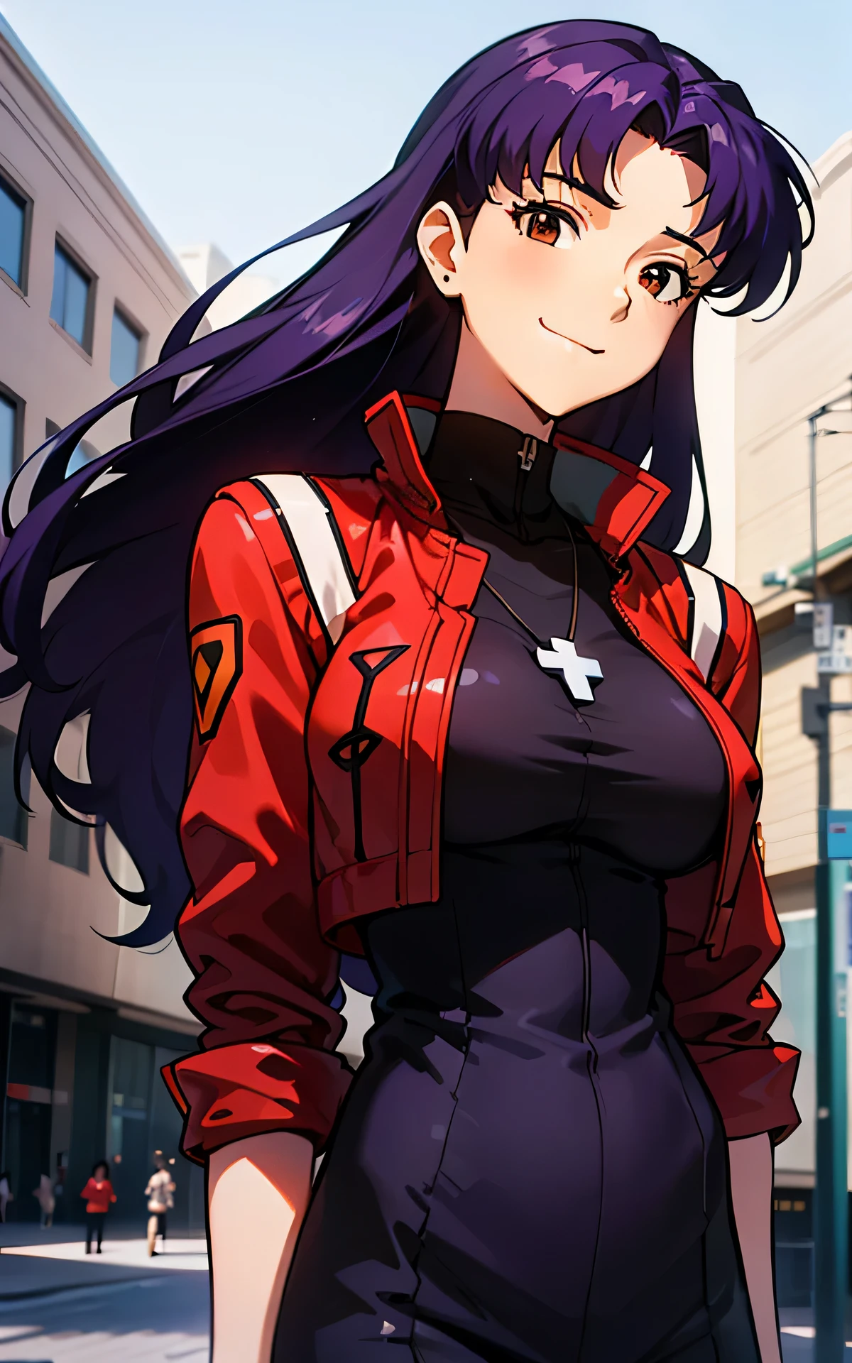 realisticlying，extremely detailed CG、high resolution、absurderes:1.8、detailed background:1.3、beautiful detailed hair、、、、1woman, attire: Black Bodycon、jacker, Red jacket,、middlebreast、 short black tight dress, (((brown-eyed、outdoor))), Purple hair, long Hair, cross necklace, slim waist、((Misato katsuragi))、NERV, Perfectly detailed face、(light smile, upperbody、from below)
