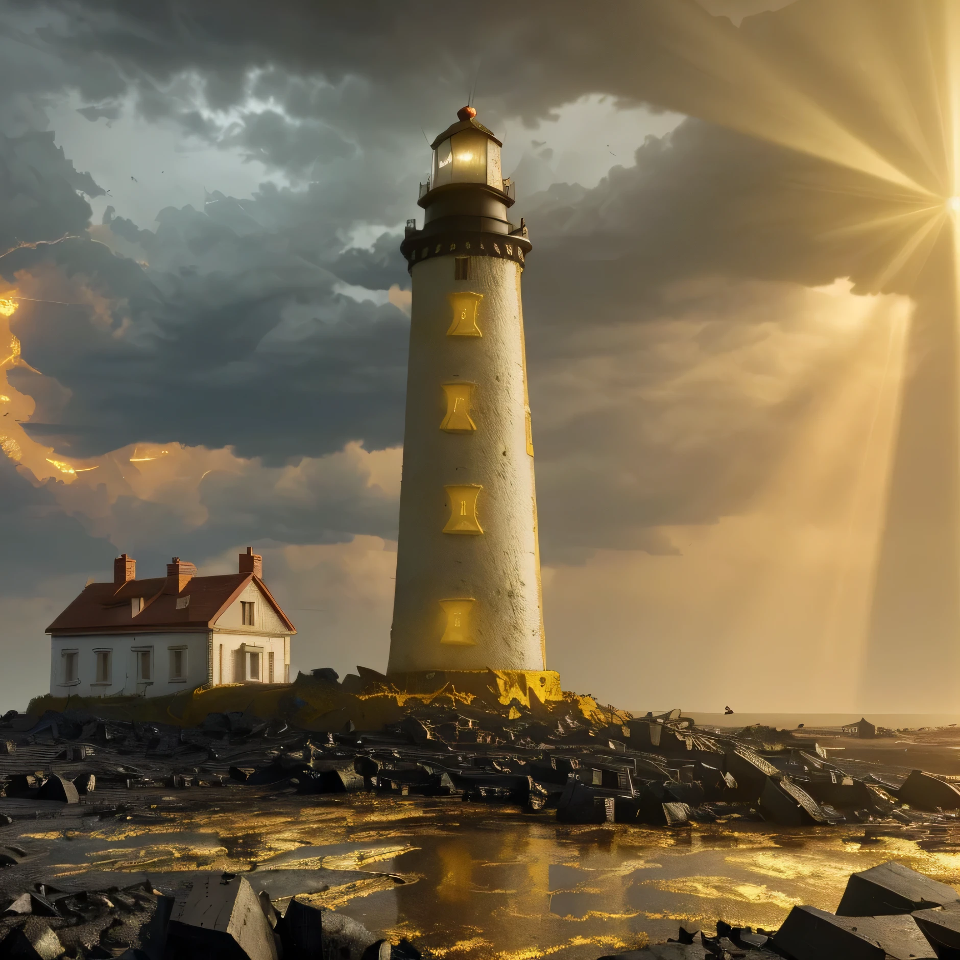(A huge lighthouse of hope dispels the darkness:1.5) apocalypse with its (((powerful bright yellow rays))), Post-apocalyptic world with ruins of cities and dumps of destroyed robots, cyborg i mehi., the sky is covered with thick dark clouds and black smoke, Among the rusty remains and debris, dirty puddles emit stinking smoke, among the devastation and chaos in the distance stands a huge fortified and well- protected lighthouse, (lighthouse:1.305 dispels the darkness) with his bright (golden rays of light:1.4055), (golden light ray tracking:1.505), (the lighthouse is shown in detail), high texture smoothing, high resolution objects, 32 thousand., hyper detail, Surreal sci-fi style, DAZ 3D, Realistic brush strokes, Unreal engine 5, Ultra-realistic rendering of details, Stunningly realistic graphics, Very detailed photo