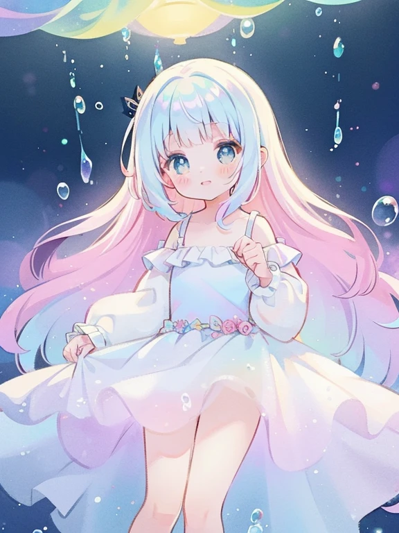 masterpiece, best quality, intricate details, beautiful girl, sparkling eyes, otherworldly liquid fantasia background, watercolor, bright vibrant colors, whimsical, colorful, layered tiered puffy long sleeve ballgown, ((iridescent rainbow bubbles))
