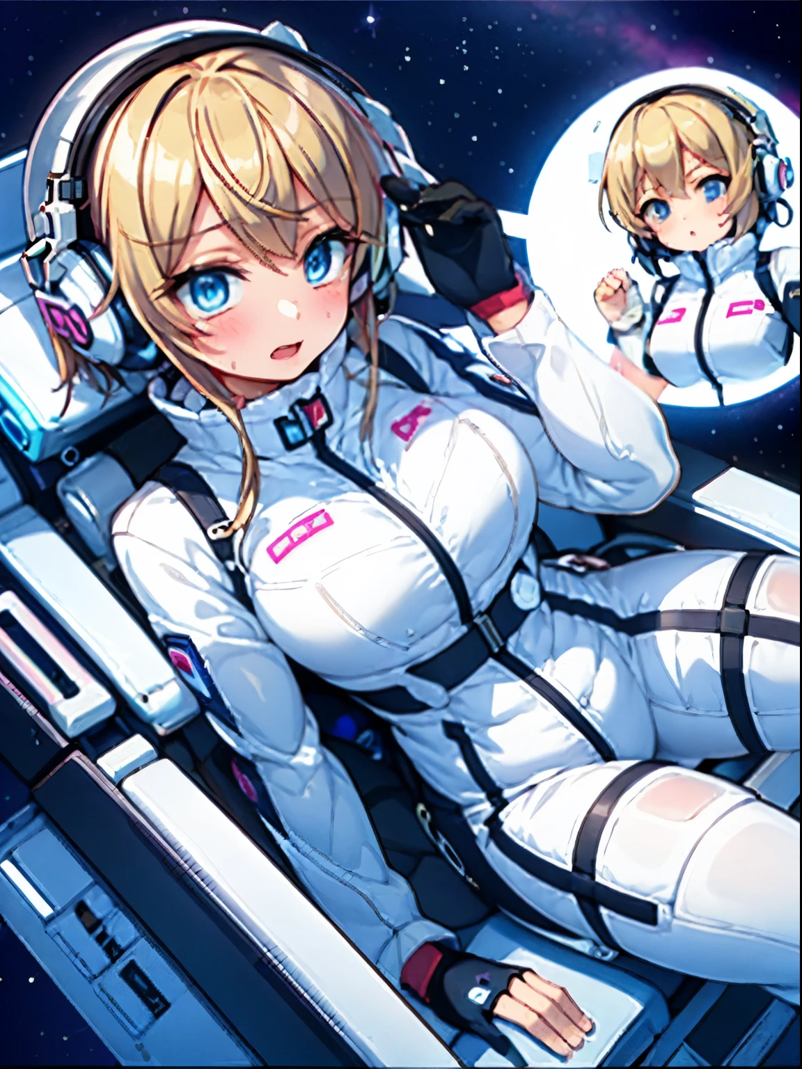 very detailed、(Futuristic spaceship interior):1.5、人妻1 person，short bob，golden hair,(space helmet):5, (white space suit):1.5、body suit、(Diapers):1.5,big breasts，breast bumps，excretion of breast milk，Feeling，Show off your perfect legs，Shyness in the face，Sweat、The Diapers is wet、desire for dissatisfaction，Masseter muscle part、, Highest_quality, 1 person, alone、open your legs、open your legs、please open your knees、embarrassing、blush、Bedroomasturbation、Sweatでいっぱい、wet Diapers、sexual excitement、masturbation、,Put her hand inside her panties、headphones,(liquid、scale):0.3、It was scary、teardrop,BREAK red nose blush:1.3,astrovest:5