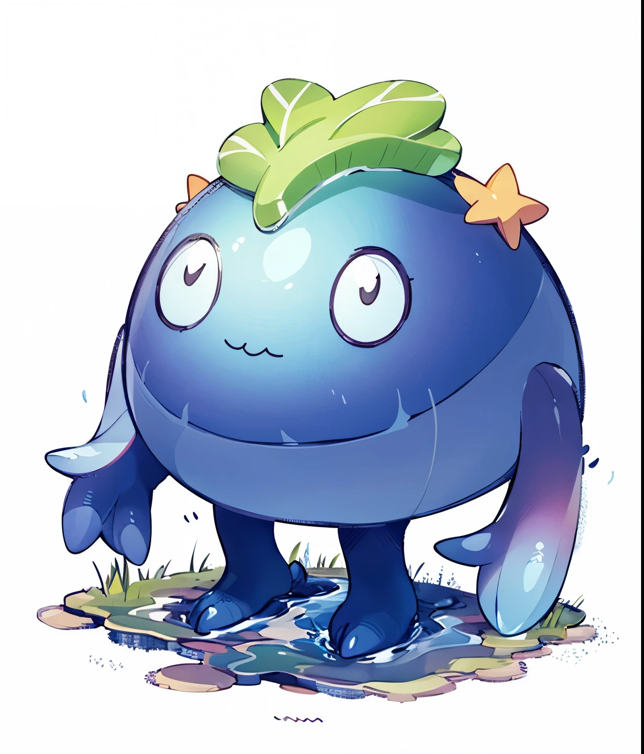 a cartoon blue monster with a green leaf on its head, weird pokemon, slime monster, absurdist wiggly blob in a dress, style of cute pokemon, conceptual mystery pokemon, cartoon creature, cute monster character design, slimy shiny reflective joy, monster character design, slime, sludgy, a friendly wisp, similar to pokemon, wee whelp, grogu, smile, happy face, happy expression