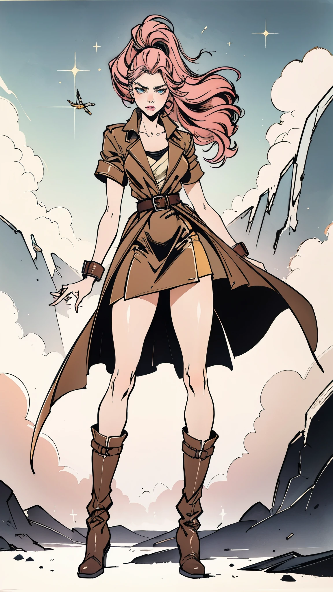 (A beautiful young girl with long curly pink hair, slender eyebrows, sparkling eyes, a bewildered expression, an oval-shapedl face with pale skin, a knee-length form-fitting leather trench coat with very short sleeves, she adorns both hands with metallic wrist guards in a sci-fi ancient civilization style, her long legs are clad in leather boots as she soars through the misty clouds), this character embodies a finely crafted fantasy-realism style western ranger in anime style, exquisite and mature manga art style, porcelain skin, perfect skin, perfect eyes, (Chloe Grace Moretz:1.2), high definition, best quality, highres, ultra-detailed, ultra-fine painting, extremely delicate, professional, anatomically correct, symmetrical face, extremely detailed eyes and face, high quality eyes, creativity, RAW photo, UHD, 32k, Natural light, cinematic lighting, masterpiece-anatomy-perfect, masterpiece:1.5