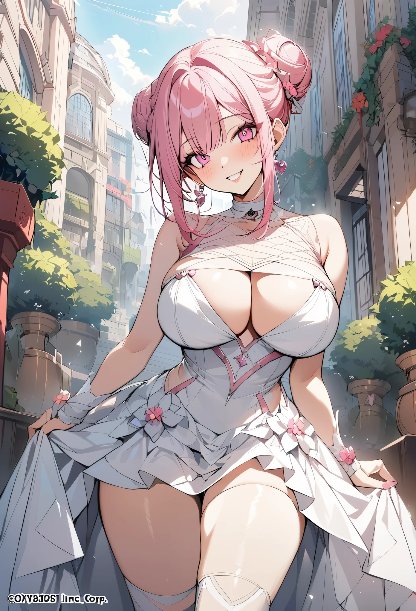 1 girl, pink long bun hair, heart shaped eyes, ♡, big breasts, Wedding dress, {girl with pink long bun hair named Nami}, (Pink eye color), {downtown}, (smile), bright background , mole under eye, heart shaped choker, (masterpiece, highest quality), very detailed, highest quality, official art, beautiful and aesthetic: 1.2), (1 girl), very detailed, (geometry art: 1.3), colorful, most detailed ?d1 girl, pink long bun hair, Eye of the symbol, +__+, big breasts, gothic costume, {A girl with long pink bun hair named Nami}, (Pink eye color), {downtown}, (smile), bright background, （garden,beautiful flower々）,mole under eye, heart shaped choker, (masterpiece, highest quality), official art, beautiful and aesthetic: 1.2), (1 girl), very detailed, (geometry art: 1.3), colorful