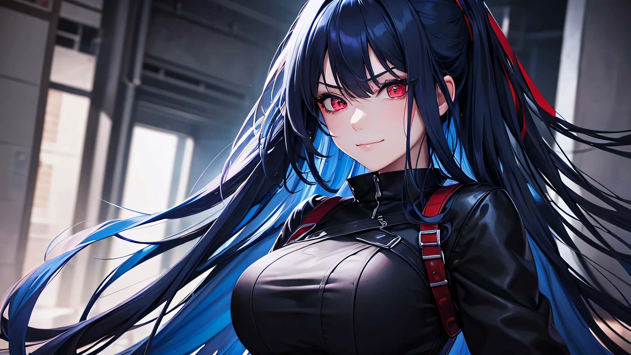 blue long hair, red eyes, kawaii blue hair girl, large breasts, casual black clothes, black coat, (best quality, ultra-detailed, photorealistic), portraits, colorid vivid, evil look expression, smiling and frowning