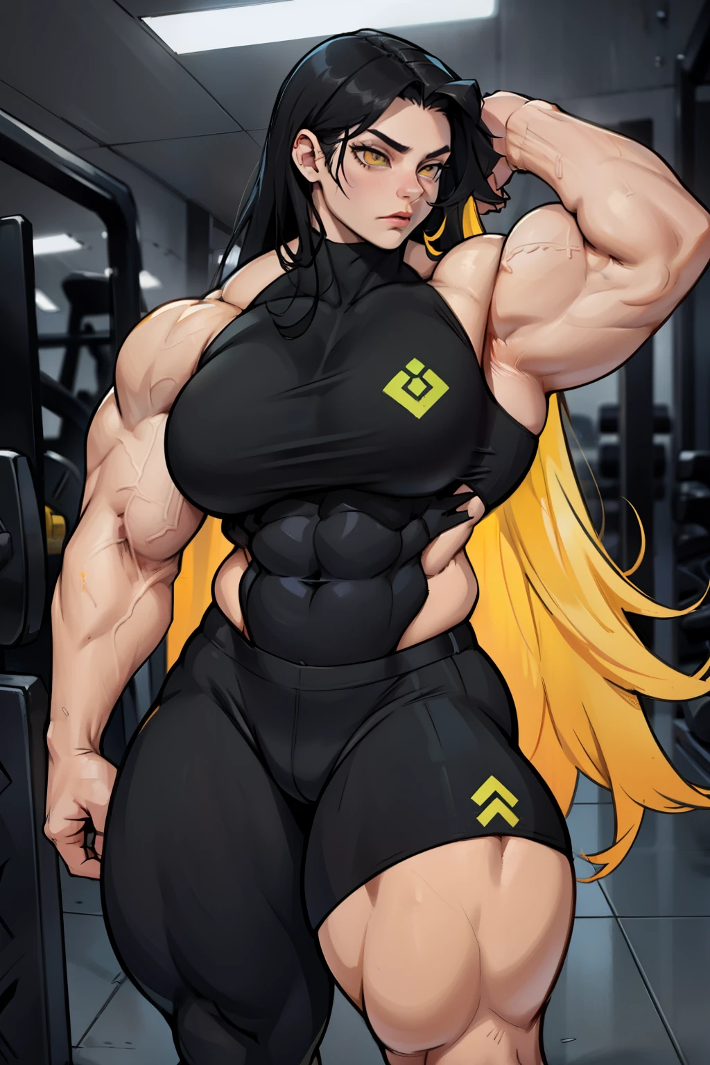 disgust ((((1girl)))) (((bodybuilder))) pale skin black hair very long hair yellow eyes