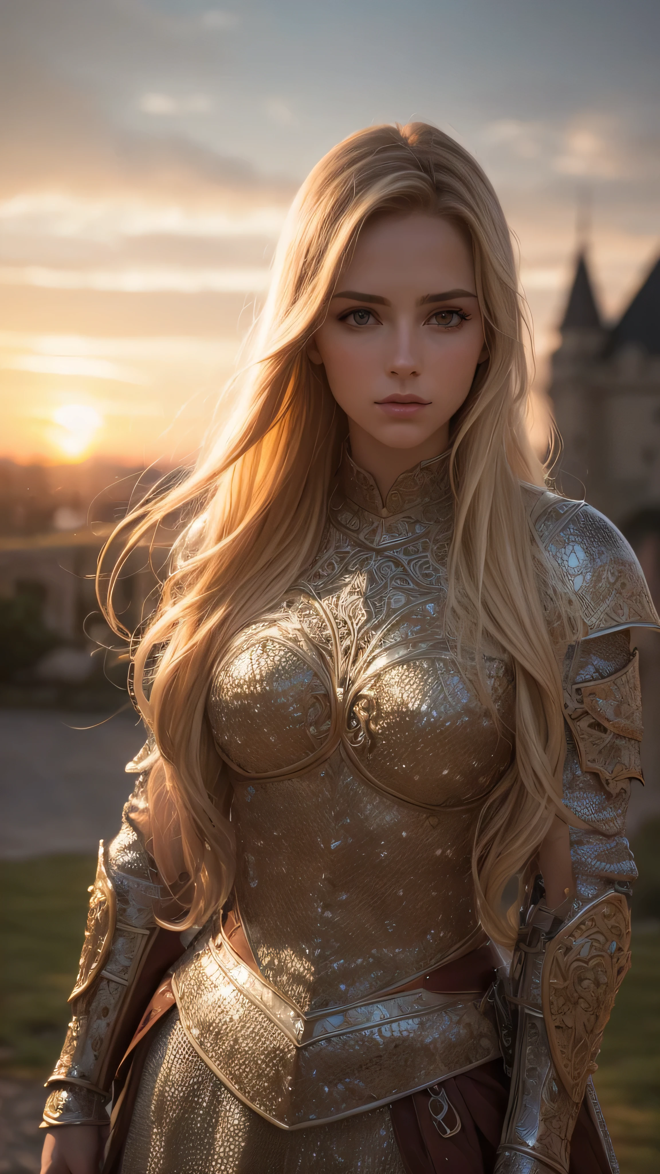 (masterpiece), (extremely intricate:1.3), (realistic), portrait of a barbie face girl, (medieval armor), metal reflections, upper body, outdoors, intense sunlight, far away castle, professional photograph of a stunning woman detailed, (long straight blonde hair, dynamic pose), sharp focus, dramatic, award winning, cinematic lighting, volumetrics dtx, (film grain, blurry background, blurry foreground, bokeh, depth of field, sunset, interaction, golden Perfectchainmail, ([flat chest:medium breasts:0.5], underboob))