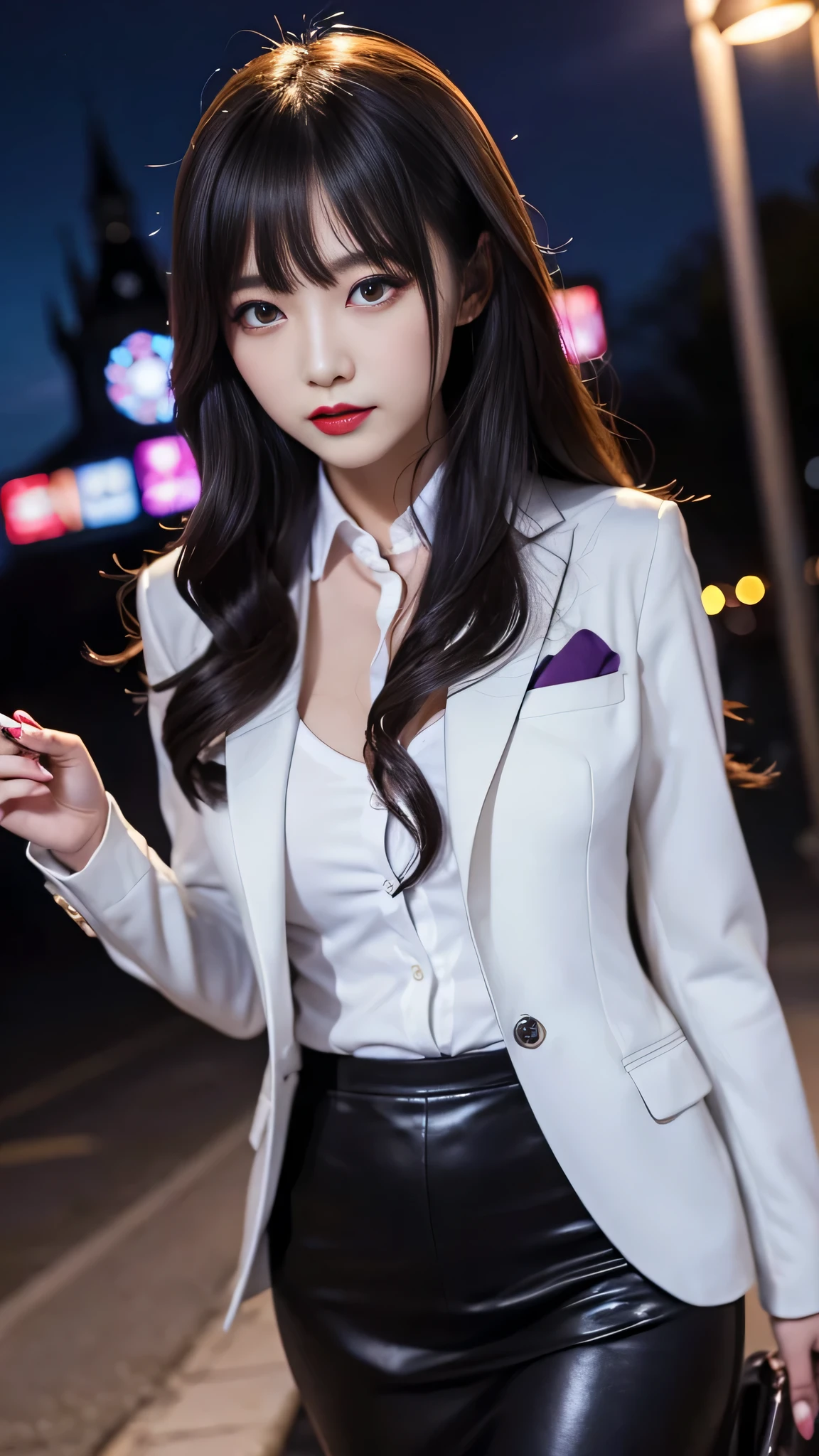 Super detailed、Japanese、charming beauty、seductive adult woman、Beautiful woman、sharp eyes、cool girl、wavy hair、flowing bangs、suit、Jacket、blouse、Tight Skirt、pantyhose、beautiful feet、evilの幹部、evil depravity、darkness、brainwashing、Mind control、lipstick、grin、evilな表情、evil、empty eyes、evil、church at night、lipstickを塗る、makeup brush、Hypnosis