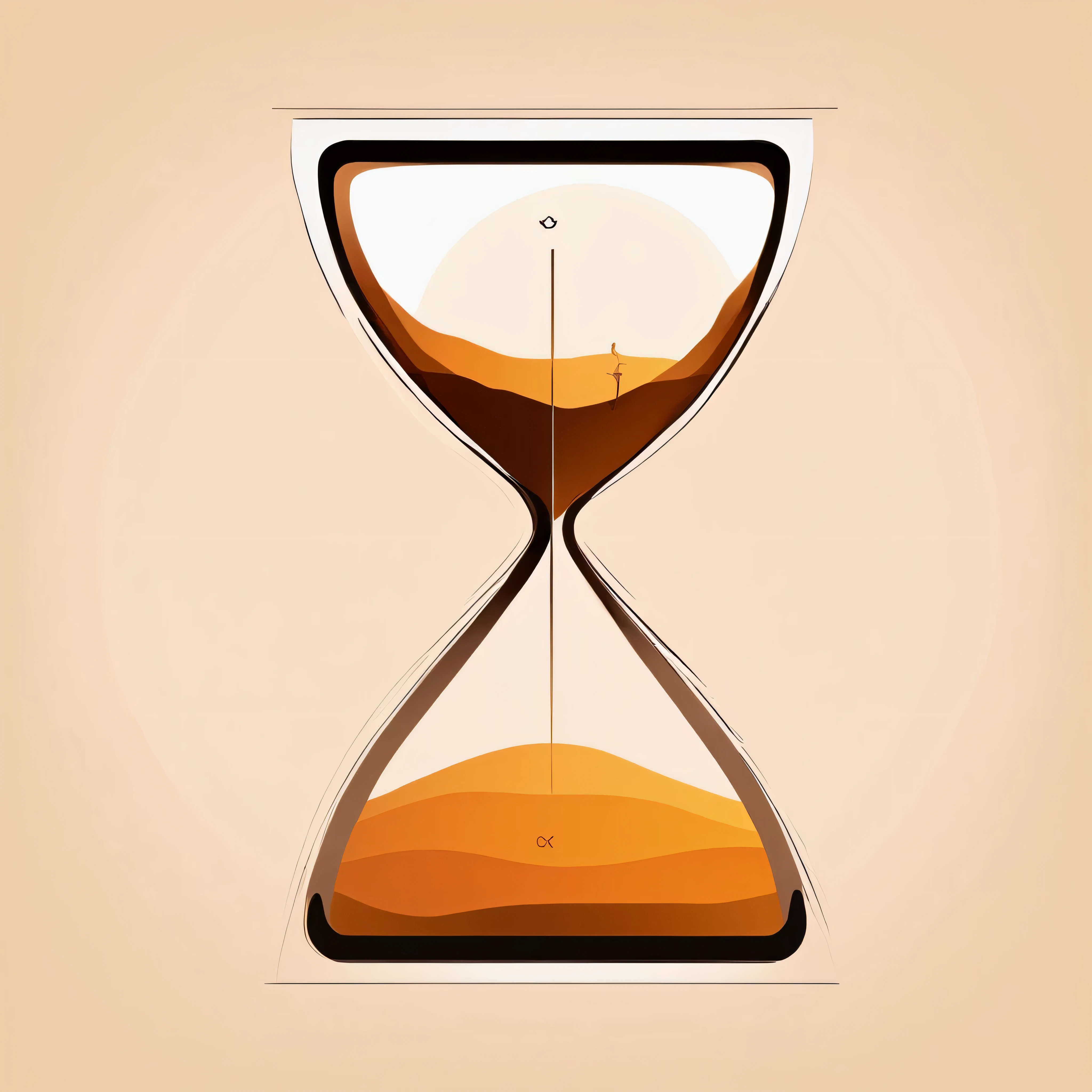 Un reloj de arena con la frase. "dias mas, dias menos" sobre un fondo degradado desde el amanecer hasta el atardecer, Warm and cold tones to represent duality., Textura suave y rugosa para representar diferentes etapas., Estilo minimalista, Simple lines and flat colors., impression, high resolution