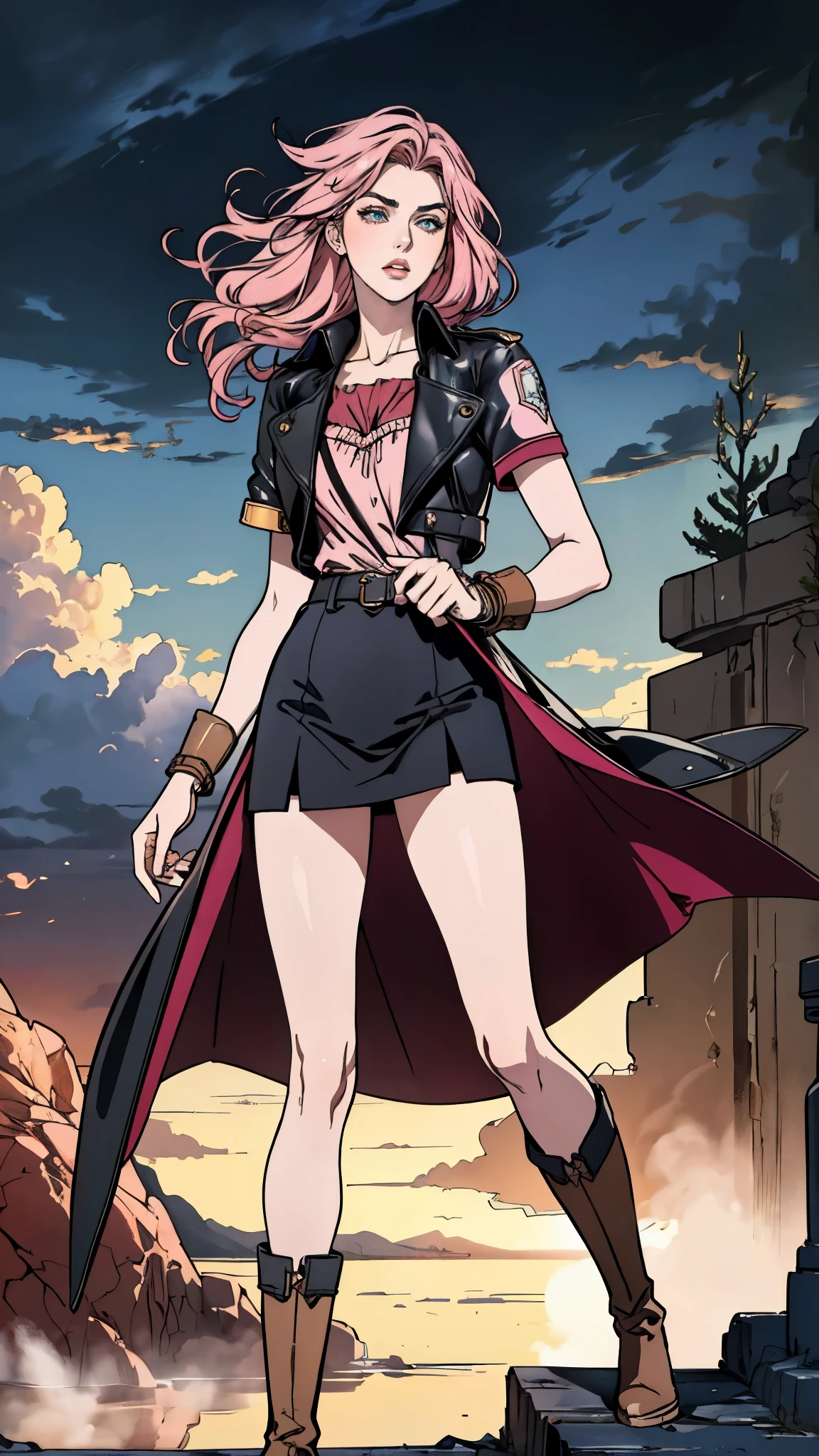 (A beautiful young girl with long curly pink hair, slender eyebrows, sparkling eyes, a bewildered expression, an oval-shapedl face with pale skin, a knee-length form-fitting leather trench coat with very short sleeves, she adorns both hands with metallic wrist guards in a sci-fi ancient civilization style, her long legs are clad in leather boots as she soars through the misty clouds), this character embodies a finely crafted fantasy-realism style western ranger in anime style, exquisite and mature manga art style, porcelain skin, perfect skin, perfect eyes, (Monica Bellucci:1.2), high definition, best quality, highres, ultra-detailed, ultra-fine painting, extremely delicate, professional, anatomically correct, symmetrical face, extremely detailed eyes and face, high quality eyes, creativity, RAW photo, UHD, 32k, Natural light, cinematic lighting, masterpiece-anatomy-perfect, masterpiece:1.5