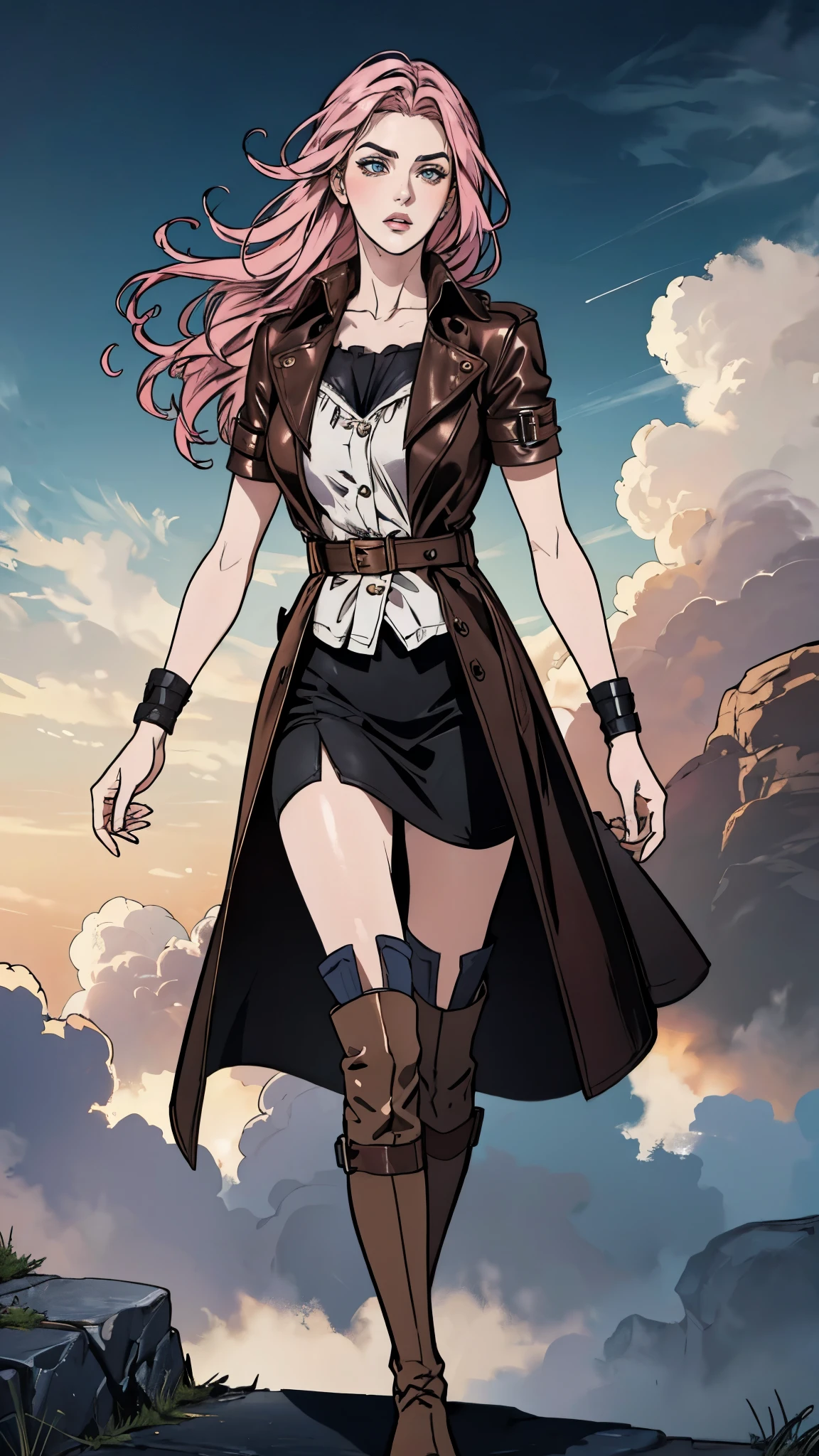 (A beautiful young girl with long curly pink hair, slender eyebrows, sparkling eyes, a bewildered expression, an oval-shapedl face with pale skin, a knee-length form-fitting leather trench coat with very short sleeves, she adorns both hands with metallic wrist guards in a sci-fi ancient civilization style, her long legs are clad in leather boots as she soars through the misty clouds), this character embodies a finely crafted fantasy-realism style western ranger in anime style, exquisite and mature manga art style, porcelain skin, perfect skin, perfect eyes, (Monica Bellucci:1.2), high definition, best quality, highres, ultra-detailed, ultra-fine painting, extremely delicate, professional, anatomically correct, symmetrical face, extremely detailed eyes and face, high quality eyes, creativity, RAW photo, UHD, 32k, Natural light, cinematic lighting, masterpiece-anatomy-perfect, masterpiece:1.5