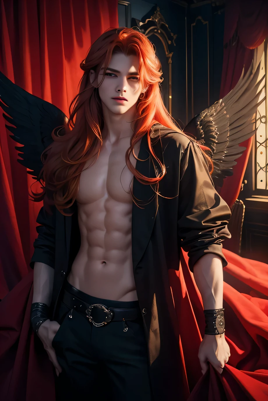 ((Mejor calidad)), ((obra maestra)), 8K (detallado), ((cara perfecta)), ((Medio cuerpo)) perfect proporcions, el es un angel guapo, he is 18 years old, he has long orange hair, el tiene alas de angel, el no esta usando ropa, pose sexy, he is in a room with red curtains, ((cara perfecta)) ((gothic atmosphere)) Medio cuerpo