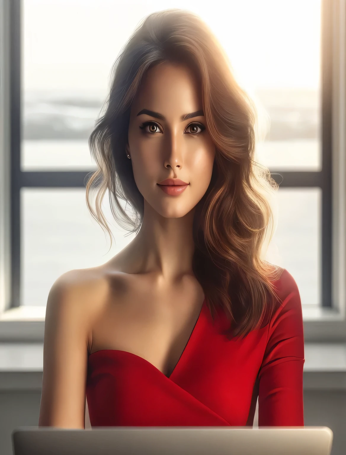 there is a woman in a red dress sitting in front of a laptop, linda arte digital, Mulher atraente, Arte digital realista em 4K, Arte digital realista em 4K, linda mulher, arte digital impressionante, linda linda mulher, muito atraente e bonito, linda mulher, Pose deslumbrante e elegante, linda arte digital, mulher fofa, foto de uma linda mulher, linda linda arte digital