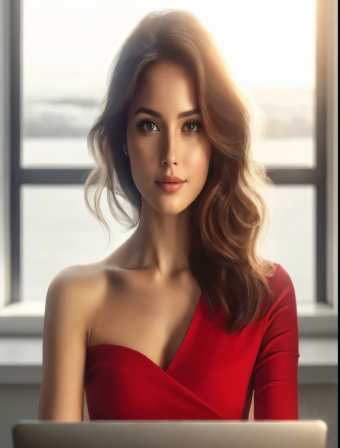 ultra realistic, portrait, beautiful brunette, sledner, action pose, smile, rim light, dark background, raw, high resolution, photo realistic, 4k, unreal engine, gaze away from camera, f2.0, red beautiful dress, long hair. blue eyes, realistic face, full details