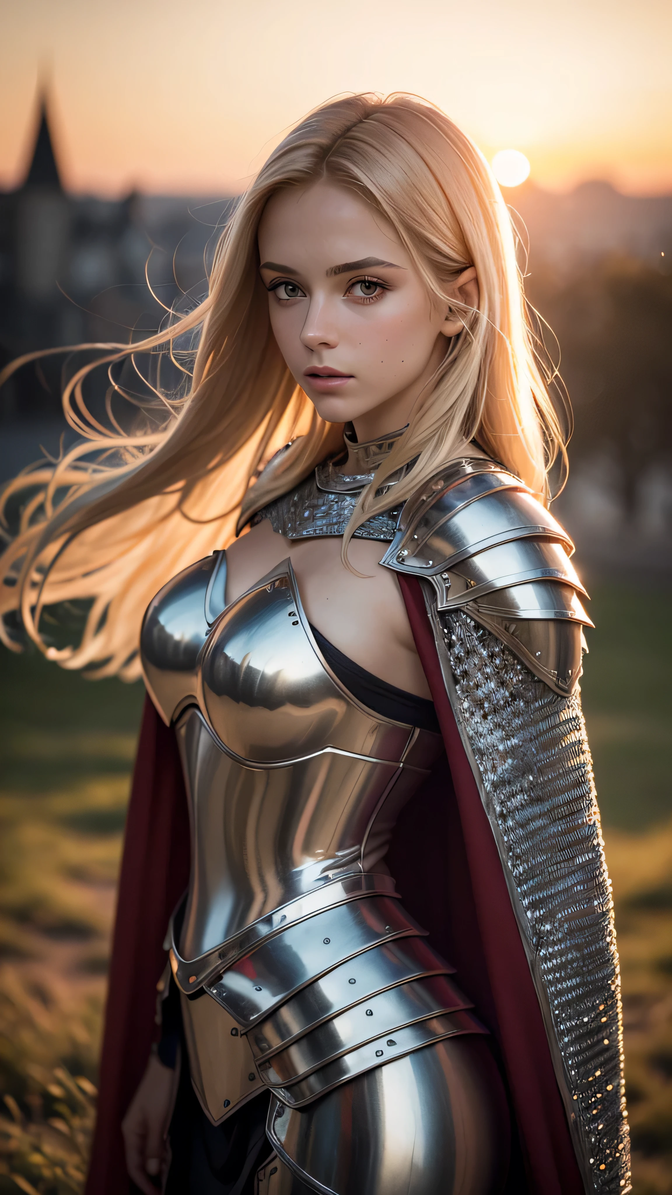 A woman in armor poses for a picture in a field - SeaArt AI