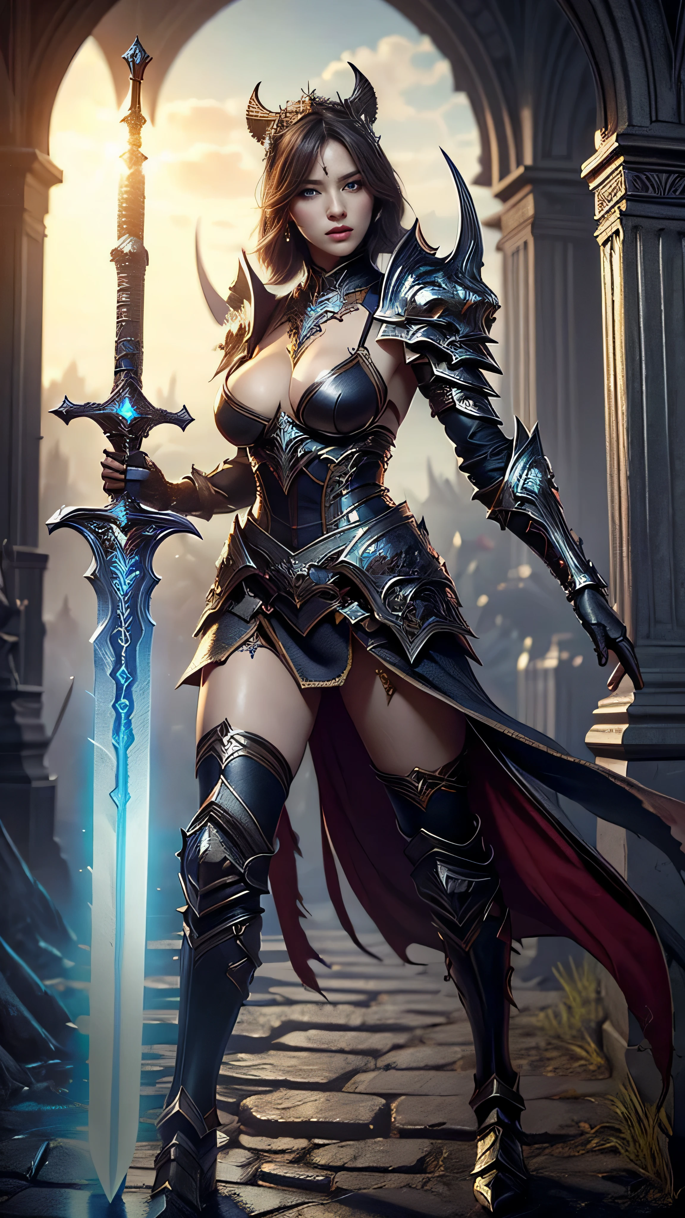 ((best quality)), ((masterpiece)), (very detailed),fantasy world , perfect face ( a warrior girl with sword ) sexy dynamic pose ,flirty pose , sexy bikini  armor , huge breast , nice legs . sorrounded by enemies , smile 0.8 , charming face 