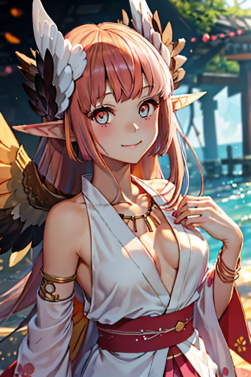 Best quality, artwork, high resolution, Alone, {yukata:1.40}, {kimono:1.20}, {circe_fgo:1.15}, pointy_ears, pink_hair, head_wings, wings, bangs, feathered_wings, long_hair, jewelry, smile, breasts, necklace, blush, small_breasts, multicolored_eyes
