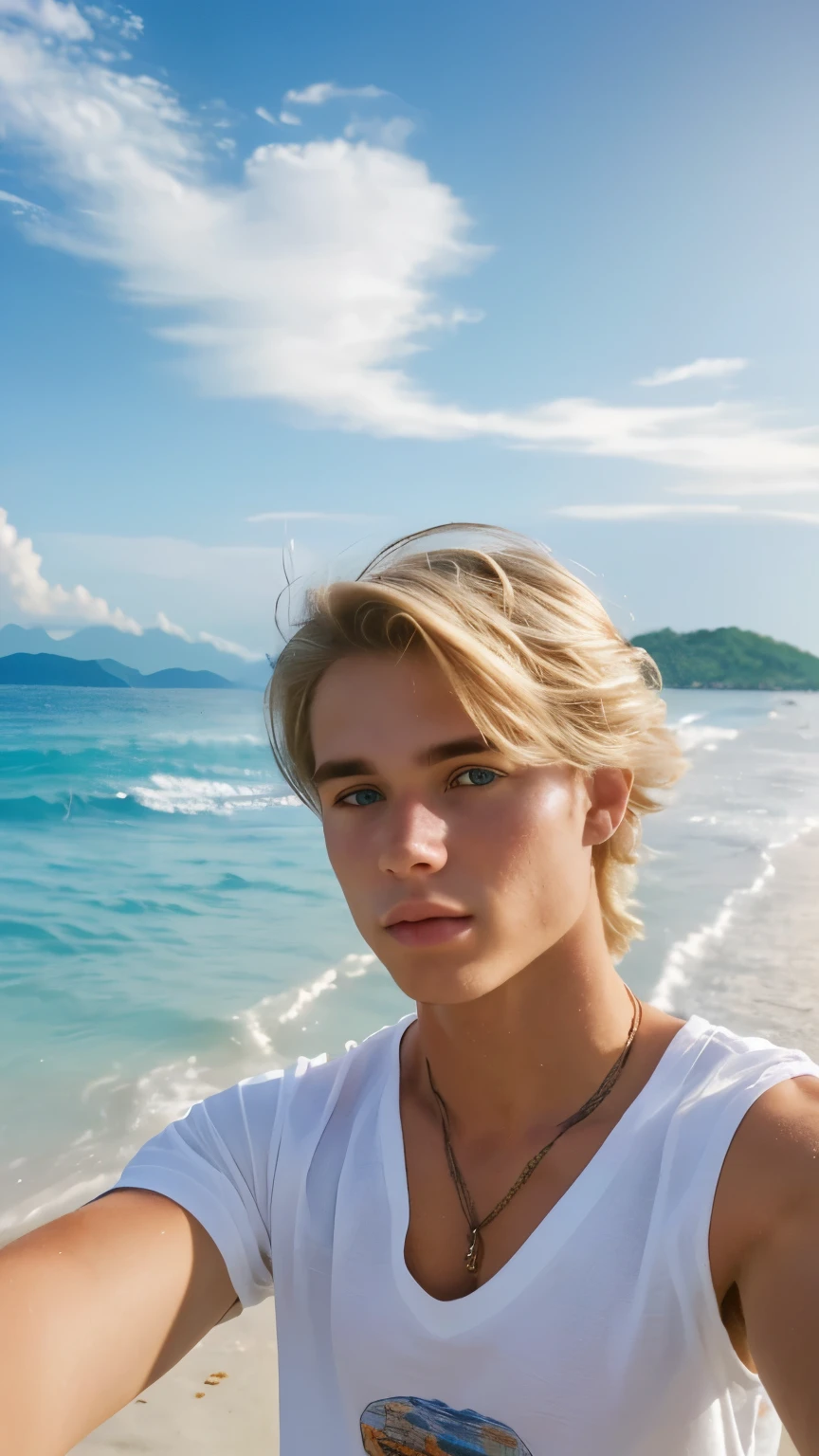 ((((selfie)))), ((ultra realistic)), (best quality, masterpiece:1,2), ultra-detailed, (perfect face), ((half body))perfect proportions, young man, 20 years old, surfer look, light blonde hair, at the beach of koh samui, he wears a cool beach shirt, Leon Marlowe