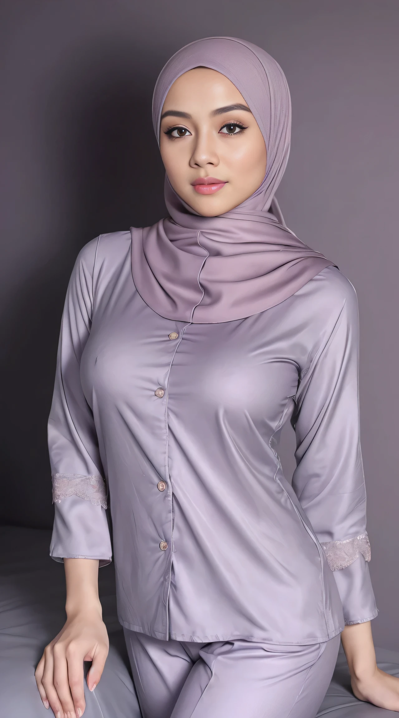(very cute girl) , like mira filzah face, (raw photo:1.2), (()), (photorealistic:1.4), russia mix korea hyper white skin, realistic skin texture, pale skin, very detailed eyes and face, beautiful detailed eyes, turkish nose, super detailed, high resolution, very detailed, masterpiece,unified, 48k wallpaper, amazing, Fine details, masterpiece, best quality, ((Tight F cup breasts size)), straight long hair, (extra long hair : 1.5), dark brown hair, elegant hair style, light on face, cinematic lighting, 1girl, perfect body, slim abs, skinny, ((1 malay girl , beautiful face)), hyper realistic bright lighting, realistic shadow, ((wearing a twisted pajamas, purple color pajamas)), ((perfectly composition)), dynamic poses, dynamic shot angle, (All grey background)