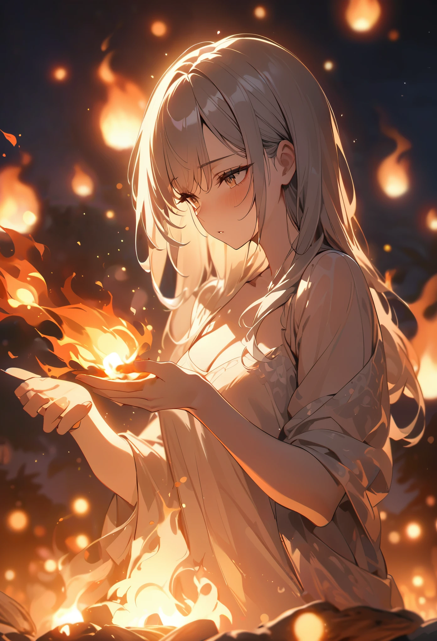 masterpiece:1.3, 8k resolution, ultra detailed:1.2, ultra high quality:1.2, (feminine body made of pure fire), holding a flame in the palm of her hands, blowing fire away:1.2, a somber bittersweet feeling, night time, fire glow, bokeh, professional lighting