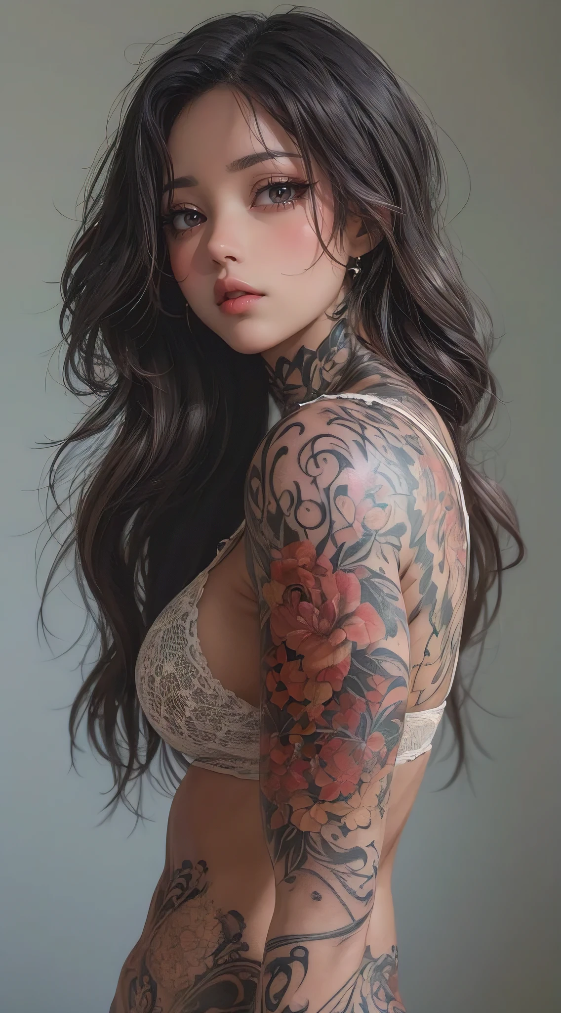 (best quality, masterpiece:1.2), side view, a beautiful woman with a full body tattoo, perfect body, wide hips, big breasts, anime style, simple lines