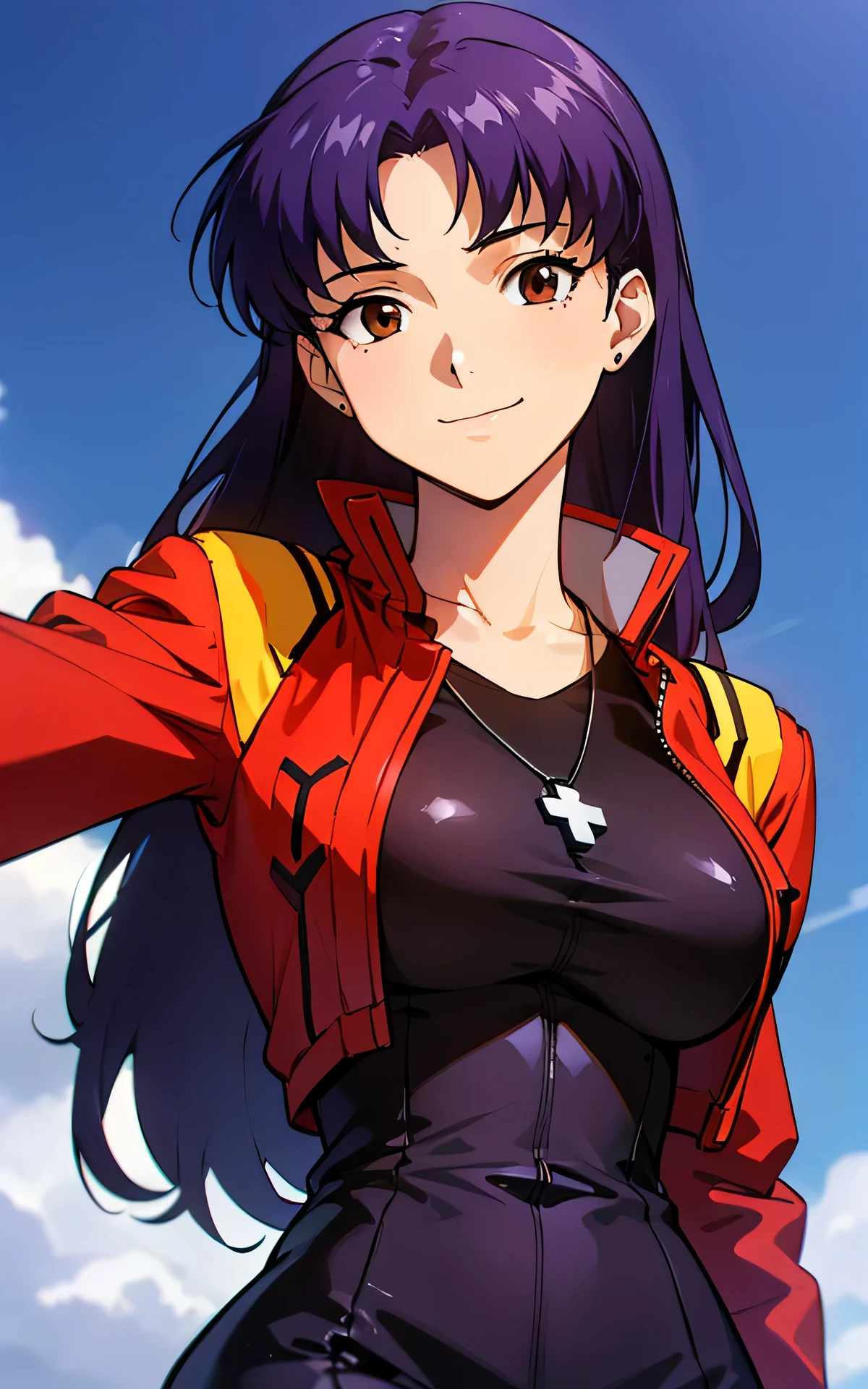 realisticlying,extremely detailed CG、high resolution、absurderes:1.8、detailed background:1.3、beautiful detailed hair、、、、1woman, attire: Black Bodycon、jacker, Red jacket,、middlebreast、 short black tight dress, (((brown-eyed、outdoor))), Purple hair, long Hair, cross necklace, slim waist、((Misato katsuragi))、NERV, Perfectly detailed face、(light smile, upperbody、from below)
