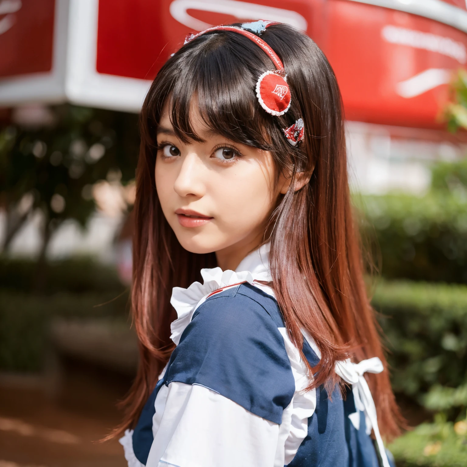 Chica cabello rosa, media cola ropa lolita