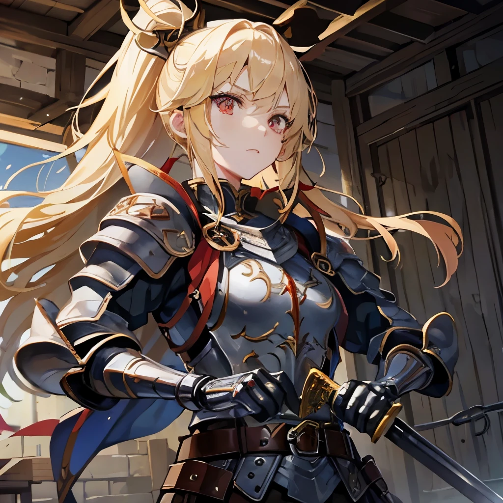 Blonde warrior girl with red eyes uses her sword to practice against a dummy 