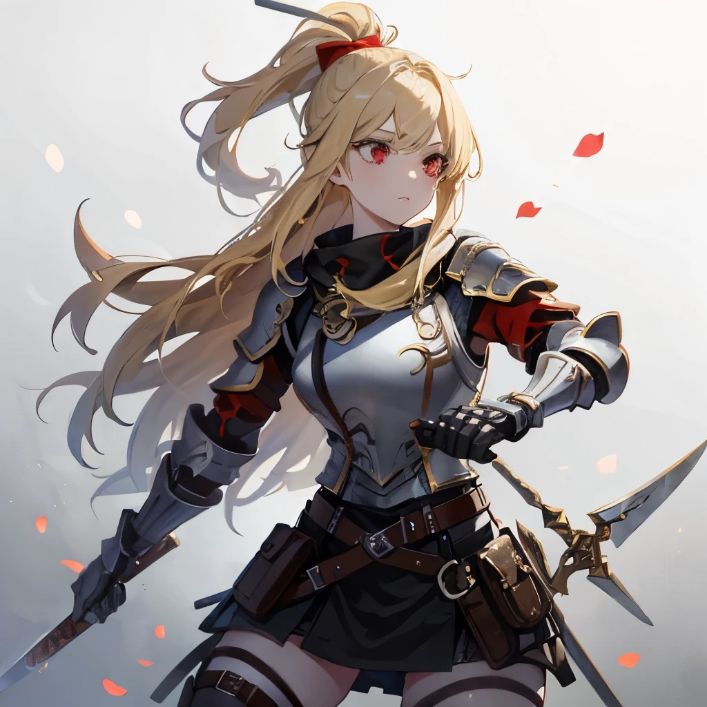 Blonde warrior girl with red eyes uses her sword to practice against a dummy