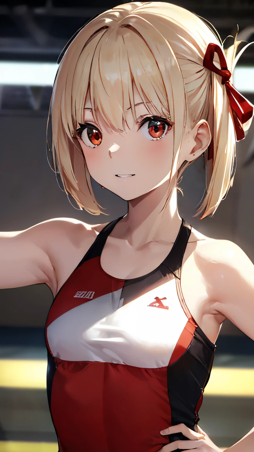 Chisatoniki, Chisato, short hair, bangs, blonde hair, (red eyes:1.5), hair ribbon, one side up, bob cut,
destroy shirt, bare shoulders, twin tails, clavicle, hair ribbon, Gym suit、bloomers、off shoulder, red ribbon, ショートtwin tails, grin and laugh，highest quality, High resolution,  (shape:0.8), (fine and beautiful eyes:1.6), highly detailed face, perfect lighting, Detailed CG, (perfect hands, perfect anatomy),全身shape、track and field track、sunny、