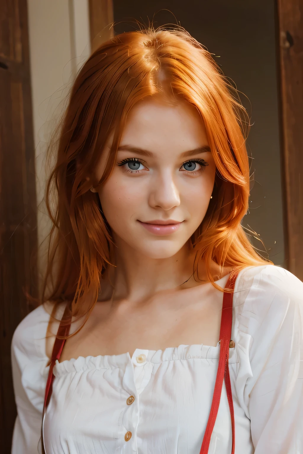 beautifull blonde/red haired girl / model / looking at  camera with small smile