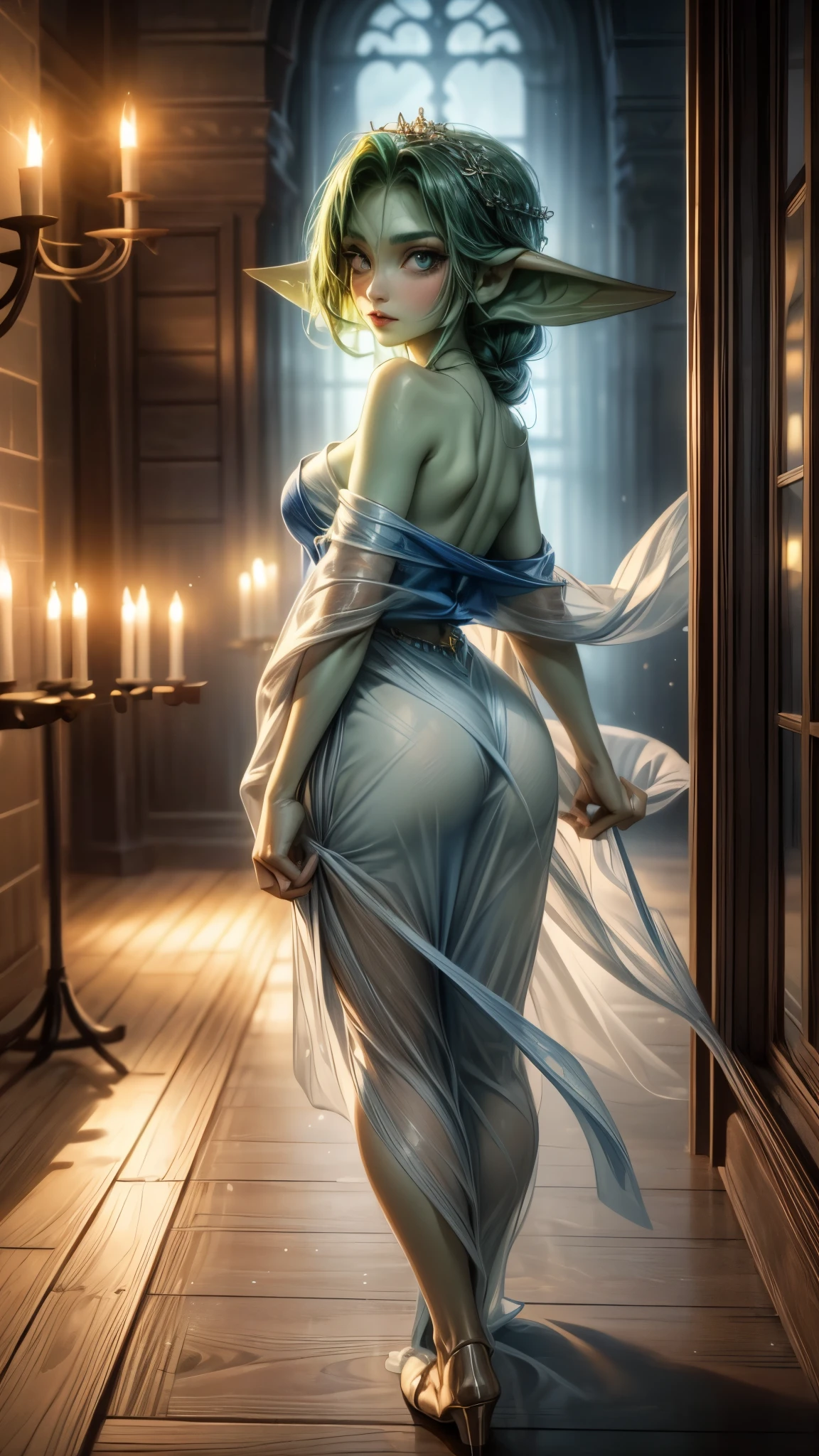 ((best quality)), ((masterpiece)), (very detailed), 4k, perfect face, tiny breasts, very very long blue braid draped over shoulder, shot from behind, dressed in transparent long white robes, walking down candlelit stone corridor, looking at viewer over shoulder, seductive eyes, sexy, beautiful, green skin, pointy ears, very windy blowing the robes and hair