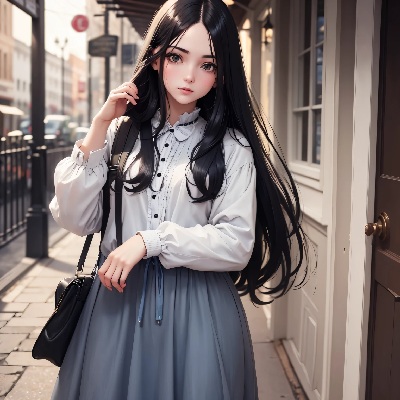 Young white girl with long black hair white lock on the left side of her hair dressed in old and antique grayish blue