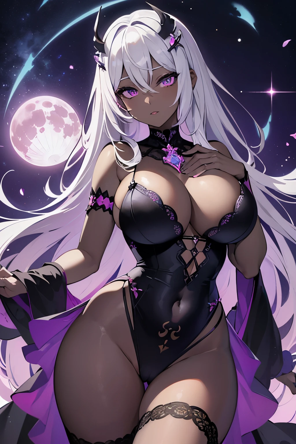 HD, hentai, masterpiece, high detail, sexy, dynamic lighting, (detailed face and eyes:1.2), cute woman, (black skin:1.3), (silver hair color:1.1), (pink line hair:1.2), (detailed hair:1.1), (astral eyes:1.3), (purple eyes:1.1), (nebula in her eyes), (seductive pose), front view, round breasts, (detailed body:1.2), dynamic pose, (black lace dress:1.1), (astral dress:1.1), (night sky background:1.2), (full moon), constellations, (silver decoration:1.2), (detailed hand and finger:1.1), (huge breasts:1.1), (bimbo), (deep cleavage:1.1), (labia outline:1.2), (breasts outline:1.2).