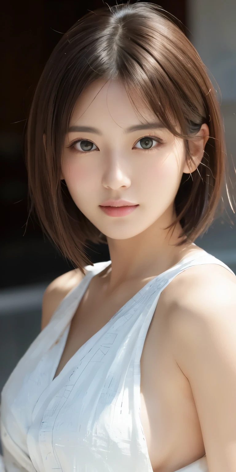 masterpiece、highest quality、High resolution、table top、wallpaper、realistic、bright lighting、professional lighting、face light、smooth lighting、japanese woman、adult woman、Beautiful woman、、modeled、gravure、sexy、super beautiful、beautiful skin、beautiful and detailed eyes、detailed face、slim、Medium chest size～Big 、short hair、brunette colored hair、brown eyes、look at the camera、japanese kimono、Japanese Yukata、In Fair